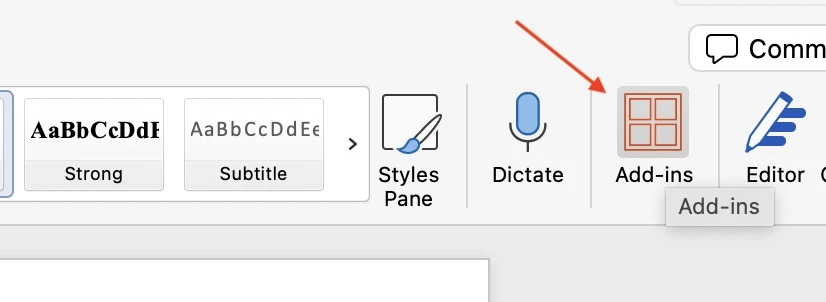 Word Home ribbon showing Add-ins button location