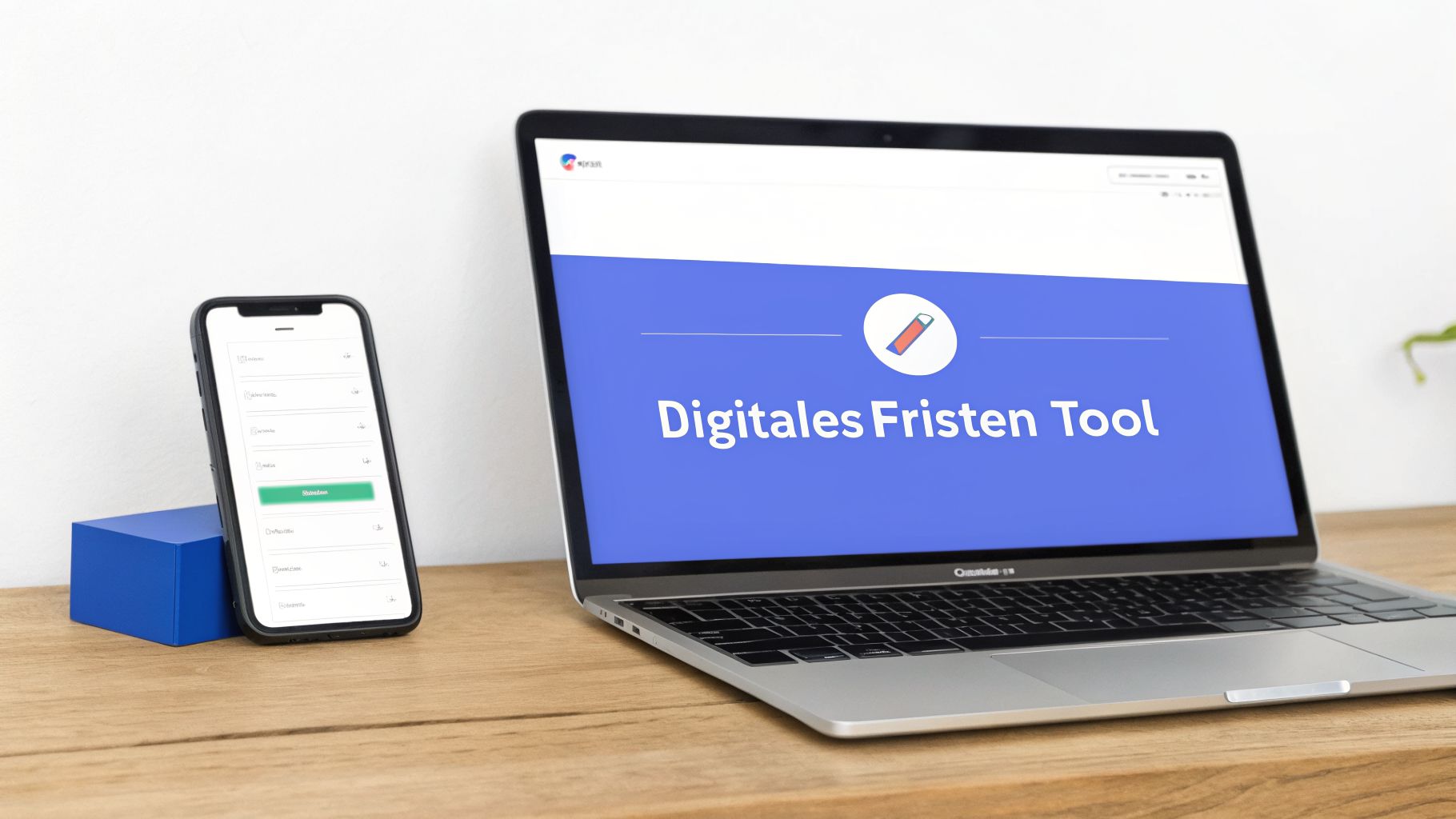 Ein Laptop und Smartphone auf einem Holztisch, die ein digitales Fristen-Tool darstellen.
