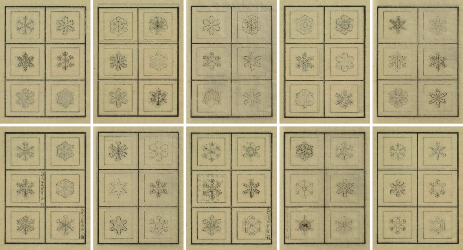 The second training set: woodblock snowflake plates on aged paper