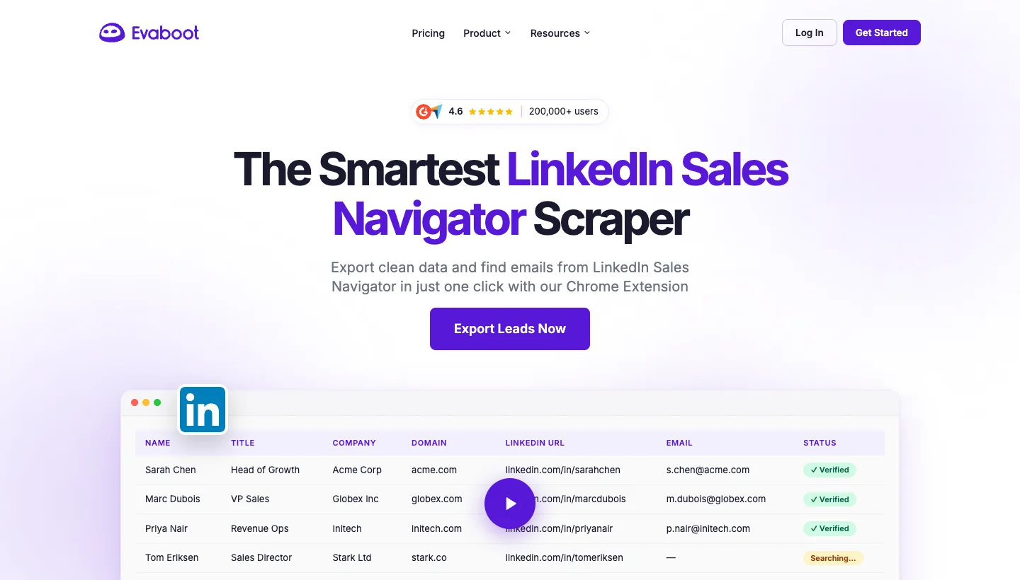 Evaboot homepage: LinkedIn Sales Navigator scraper and lead cleaning tool