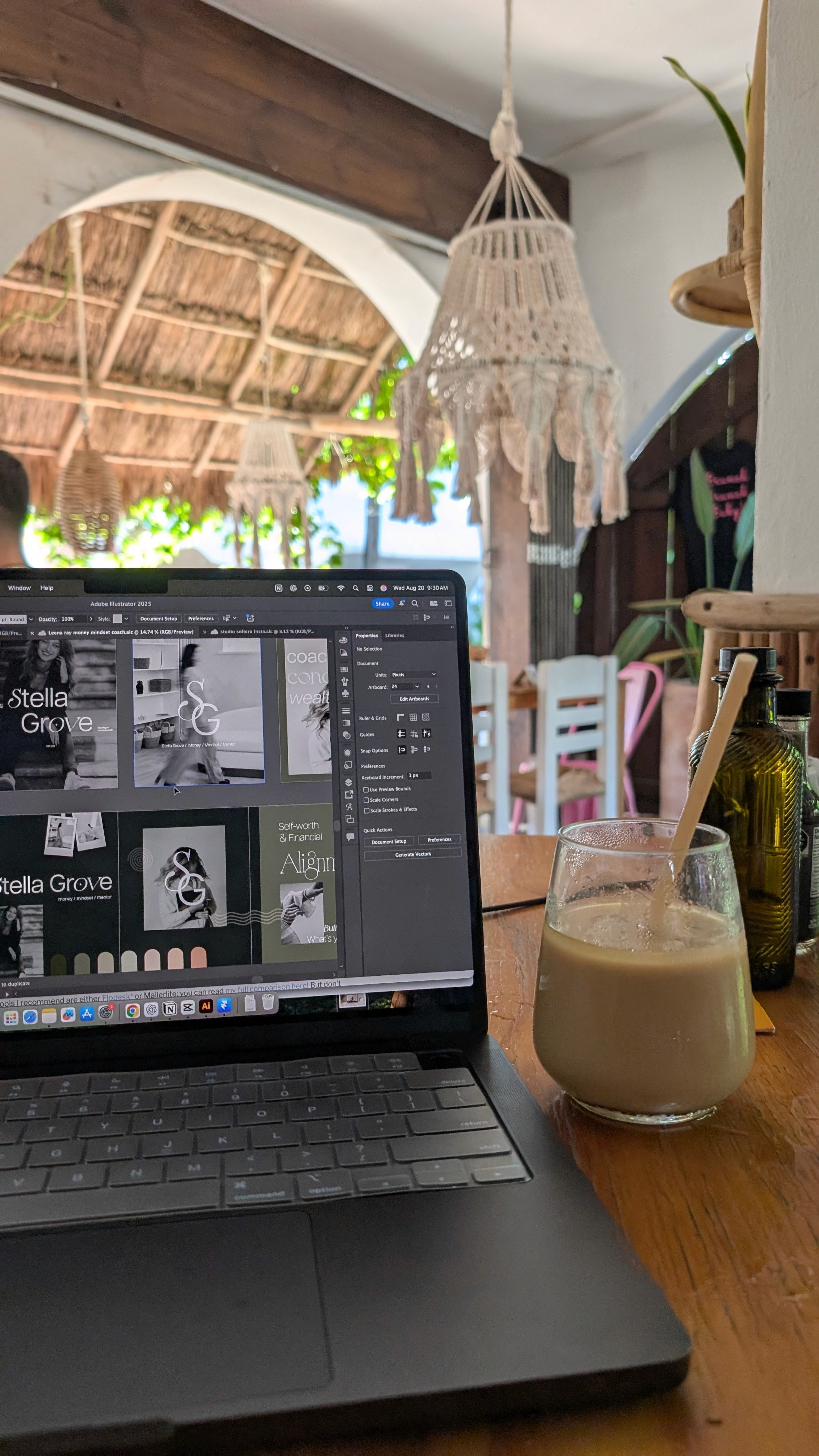 Brand designer creating strategic visual assets for creative business websites in coffee shop