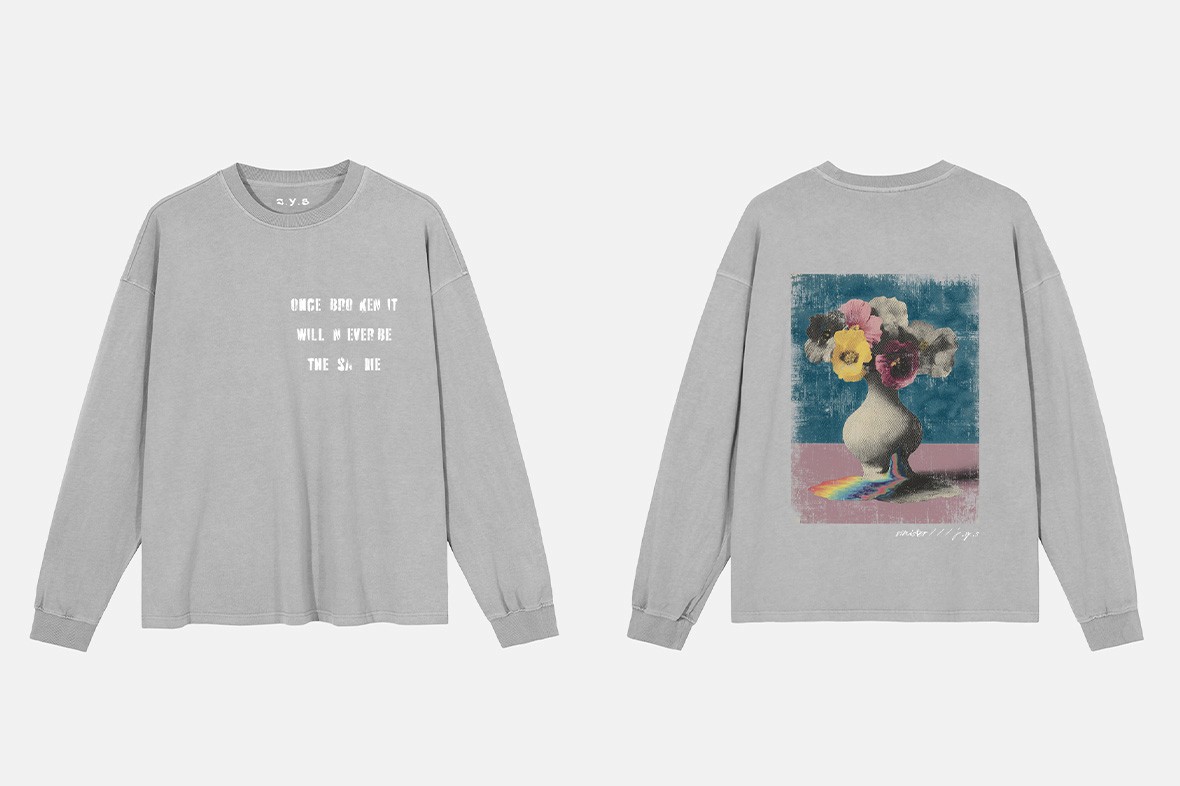 Gray long sleeve shirt with printed artwork, Youth Distortion collection by Sinister J.Y.S fashion brand.