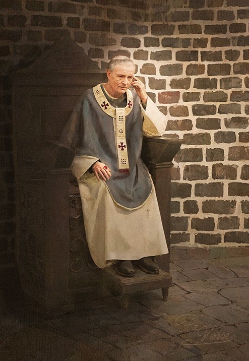 Sacred artwork by Faith and Verse. © Faith and Verse, 2026. All rights reserved. Archbishop Rabanus Maurus seated on his cathedra in the apse of a Carolingian chapel, resting in silence after governance.
