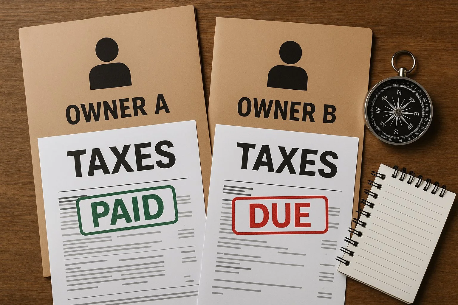 Two folders labeled for Owner A and Owner B beside documents showing different tax results, with a compass and notepad suggesting planning based on where each owner lives.