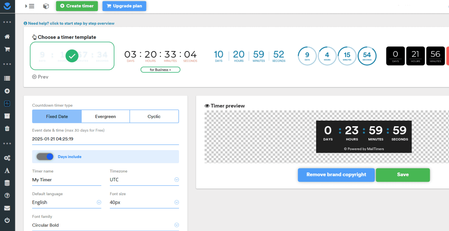 Mailtimers Timer Configuration: "A dashboard interface for creating a countdown timer, showing customisation options like fixed date, font size, and timer preview."