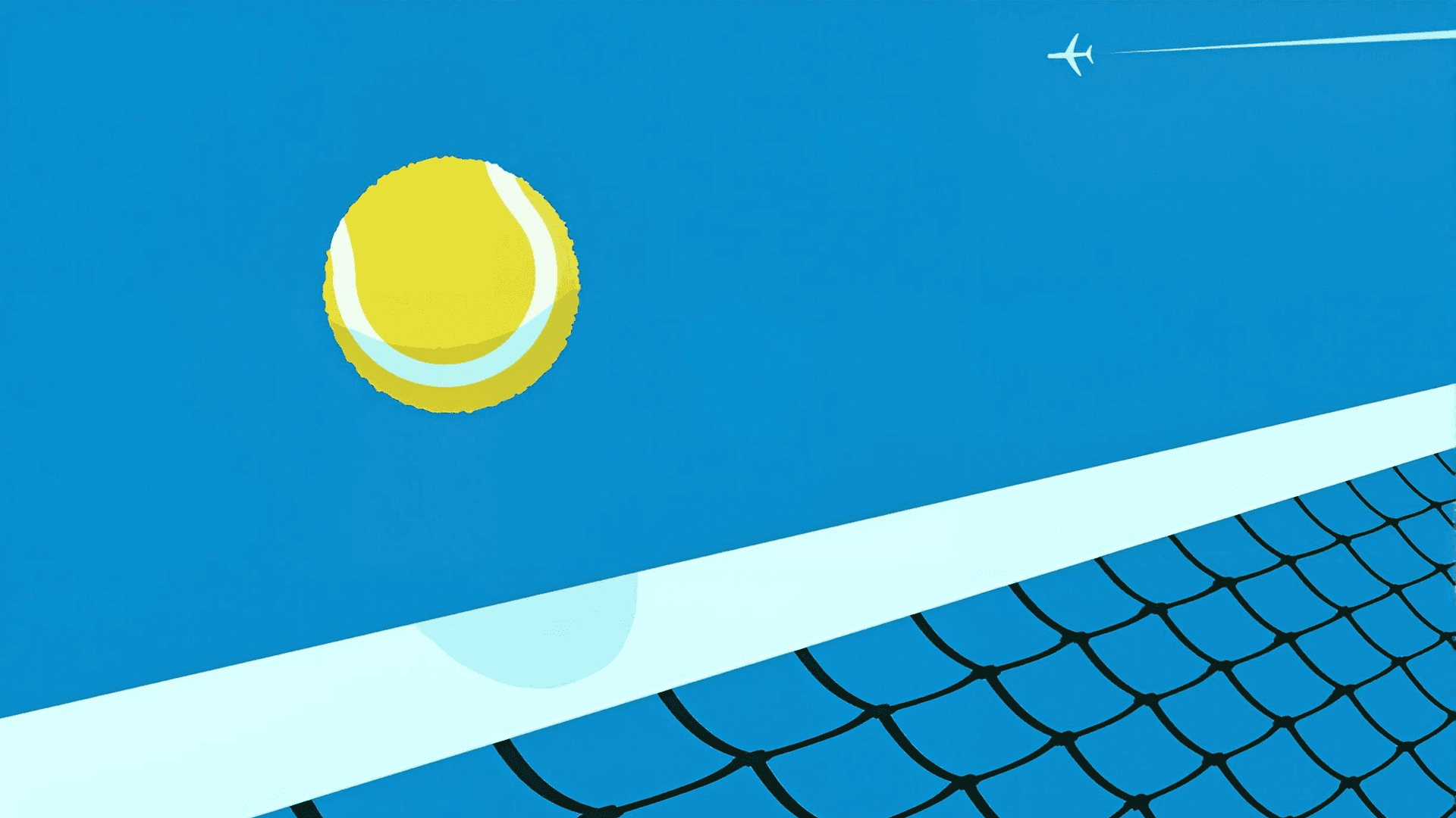 Minimalist illustration of a tennis ball sun over a net in a blue sky with a tiny airplane.