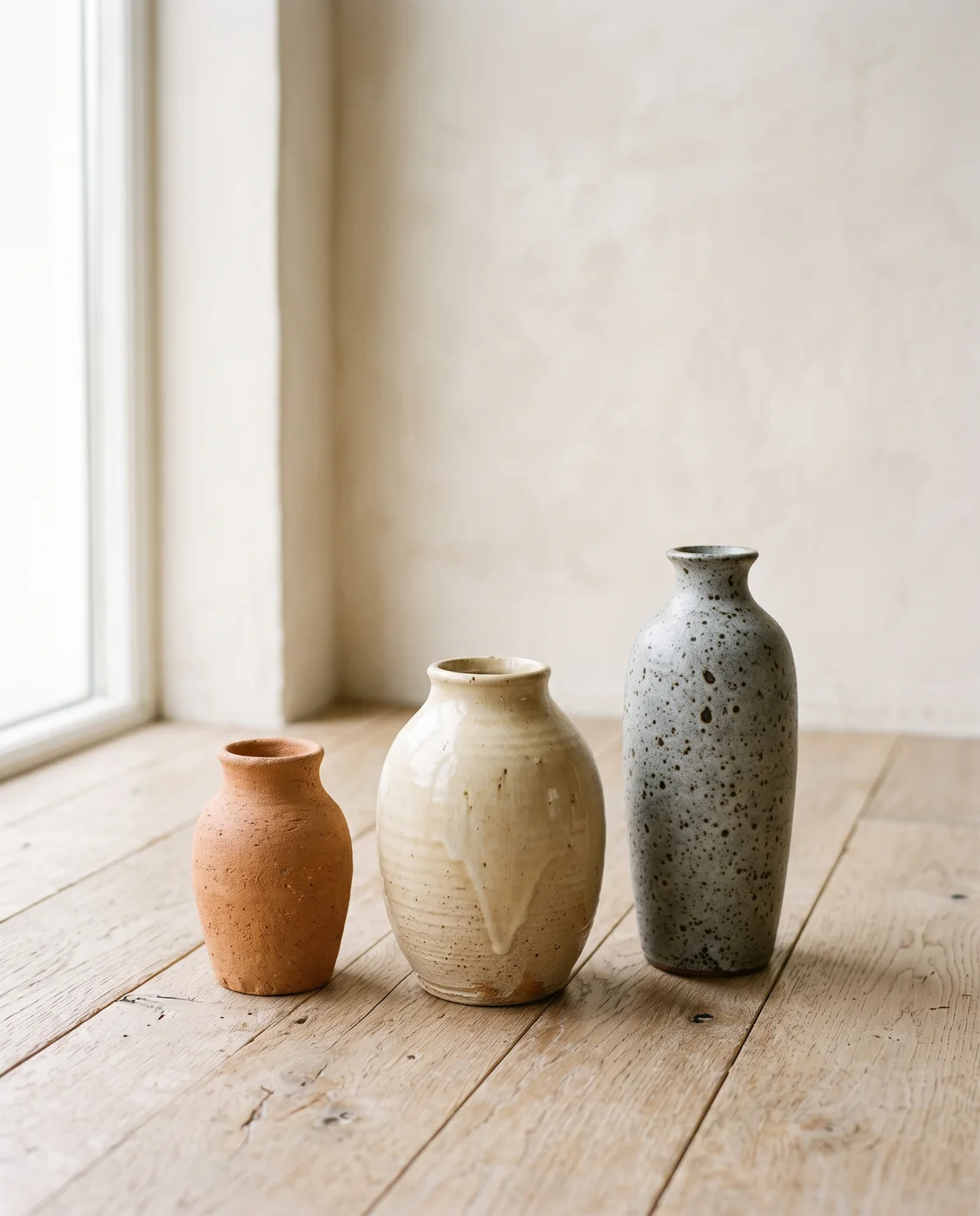 Three clay vases on a wooden floor by a window
