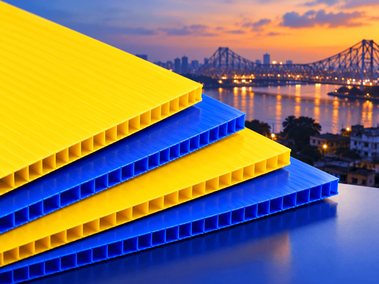 Yellow and blue PP corrugated sheets with Howrah Bridge, Kolkata in the background
