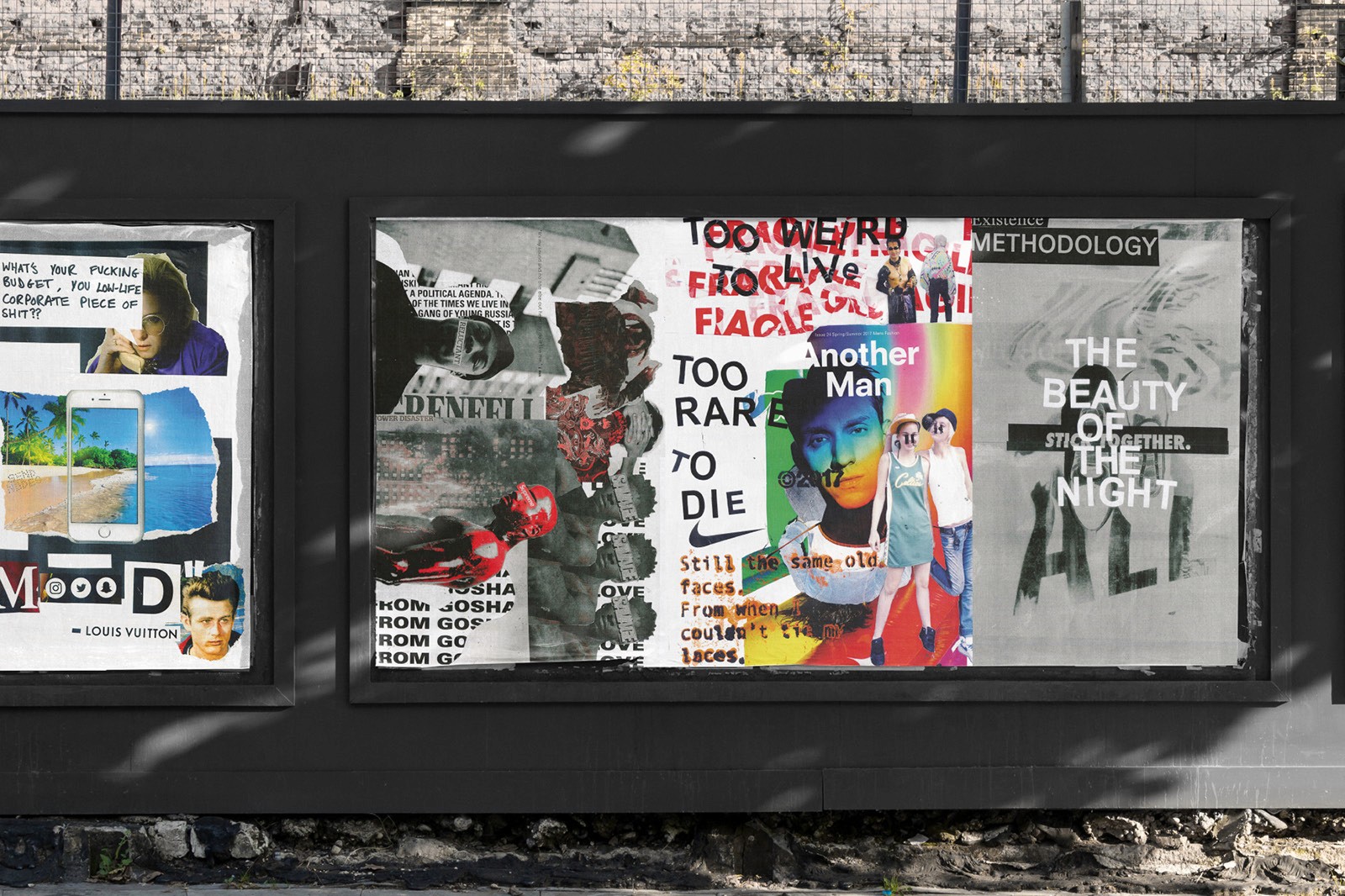 A collage of urban street art posters featuring various images and text, including abstract designs, colorful portraits, and phrases like "The Beauty of the Night" and "Too Weird to Live, Too Rare to Die," displayed on a black background with a textured surface.