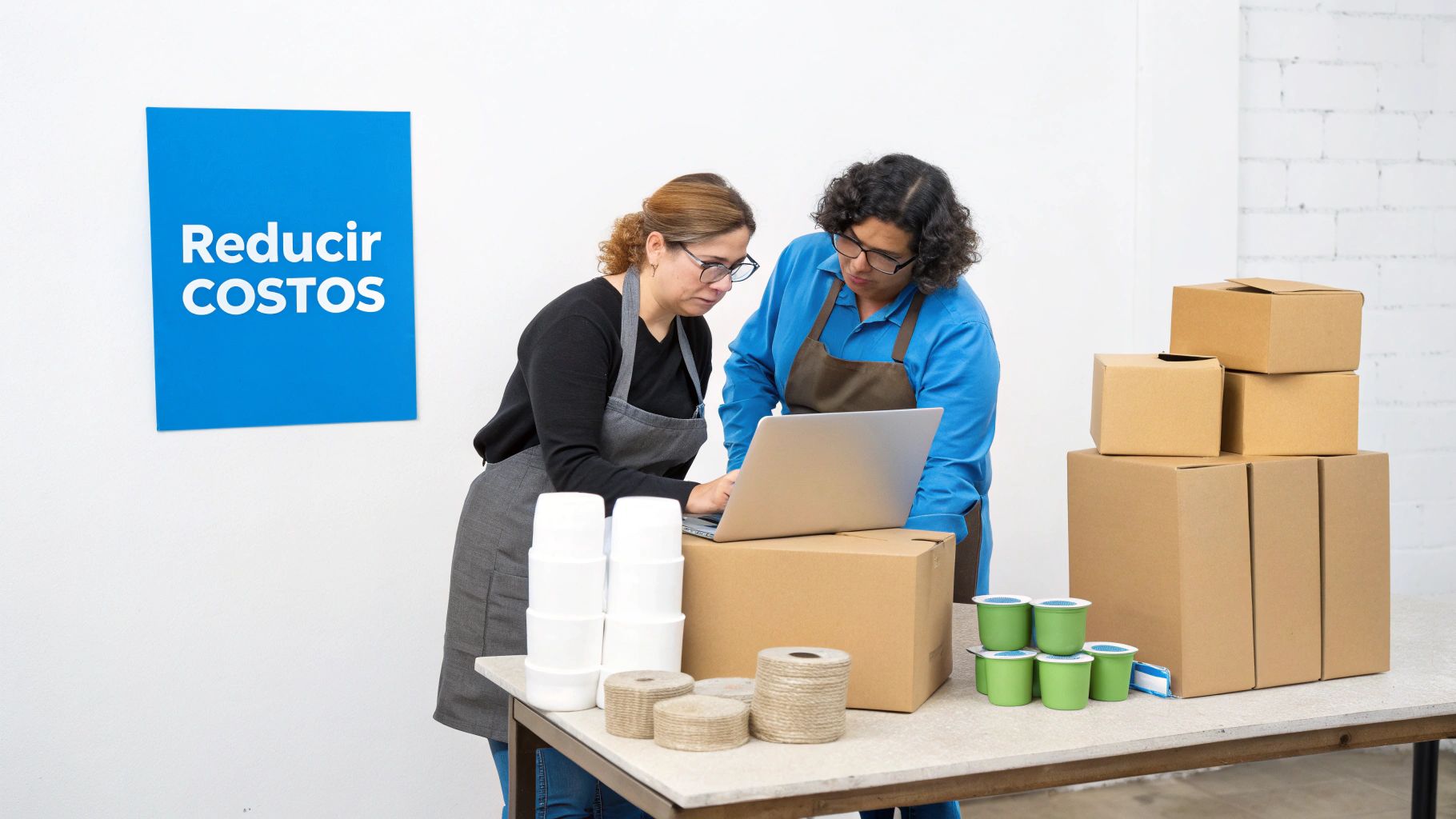 Dos mujeres con delantales revisan una laptop junto a cajas y suministros de embalaje. Un letrero dice 