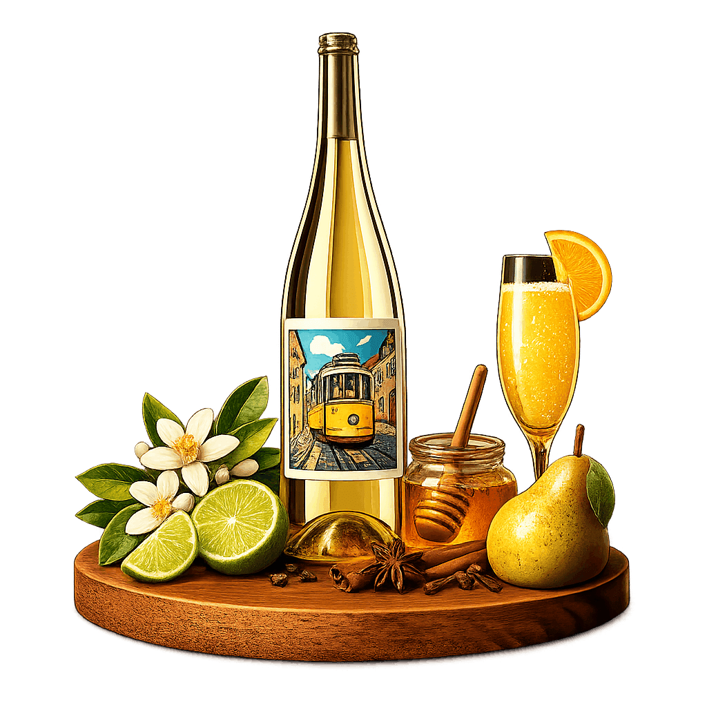 Artistic label and flavor profile for Portuguese Fernão Pires on a rustic wooden table.