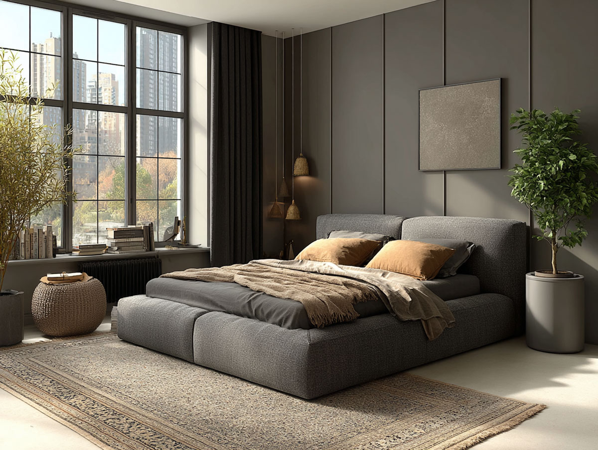 A modern bedroom CGI with a large gray bed, beige pillows and blankets, a textured rug, tall windows overlooking the city, houseplants, and decor in neutral tones that creates a cozy and stylish atmosphere.