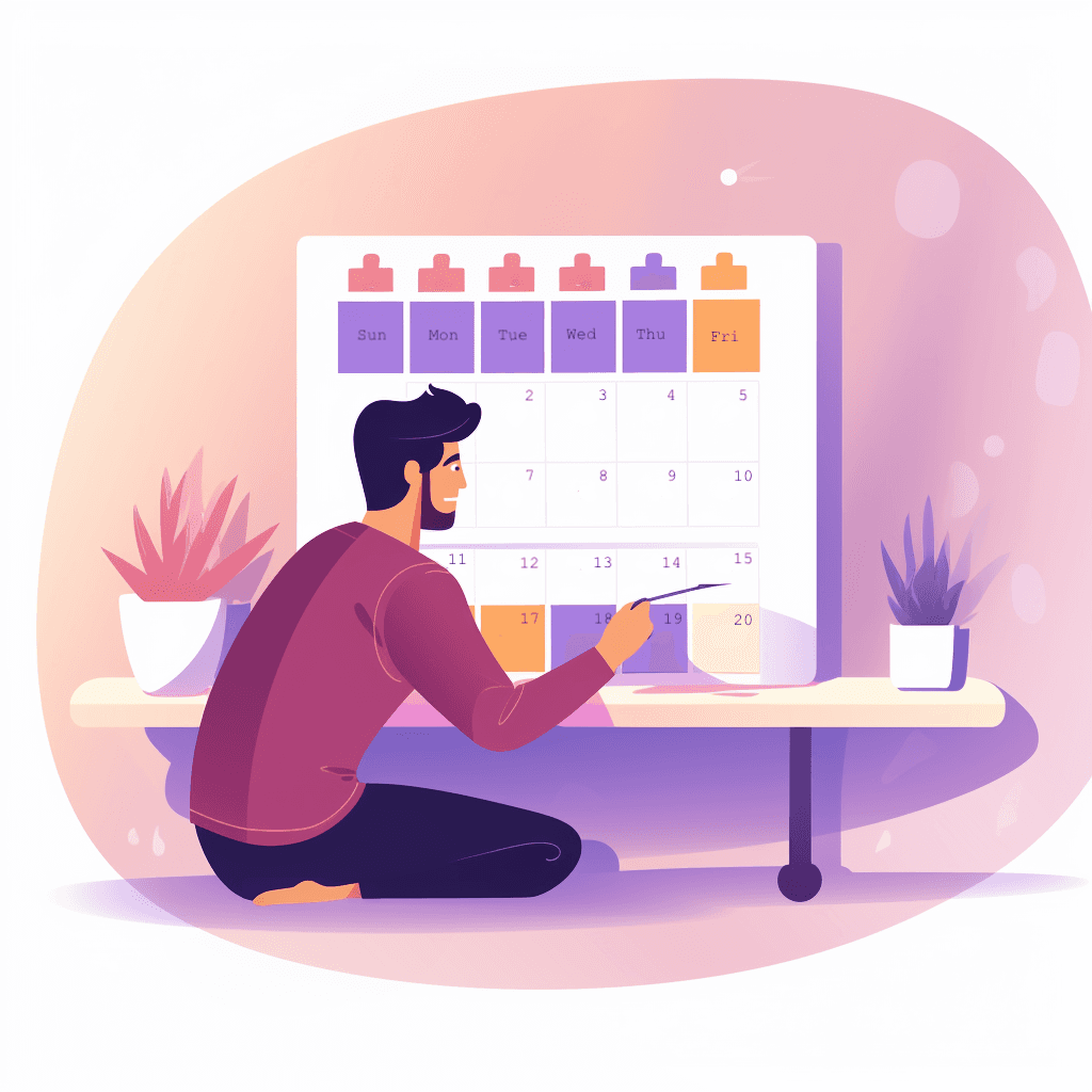 A young man seated in front of a calendar, planning the month ahead.