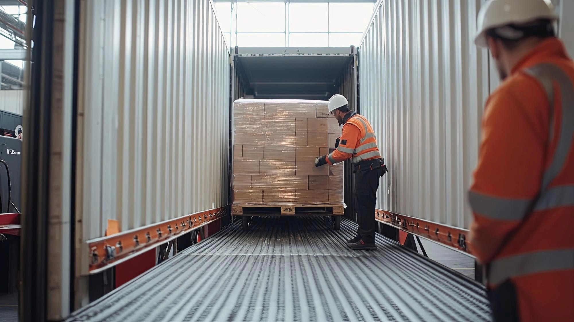 Lagerarbeiter entladen und prüfen Fracht aus einem Versandcontainer
