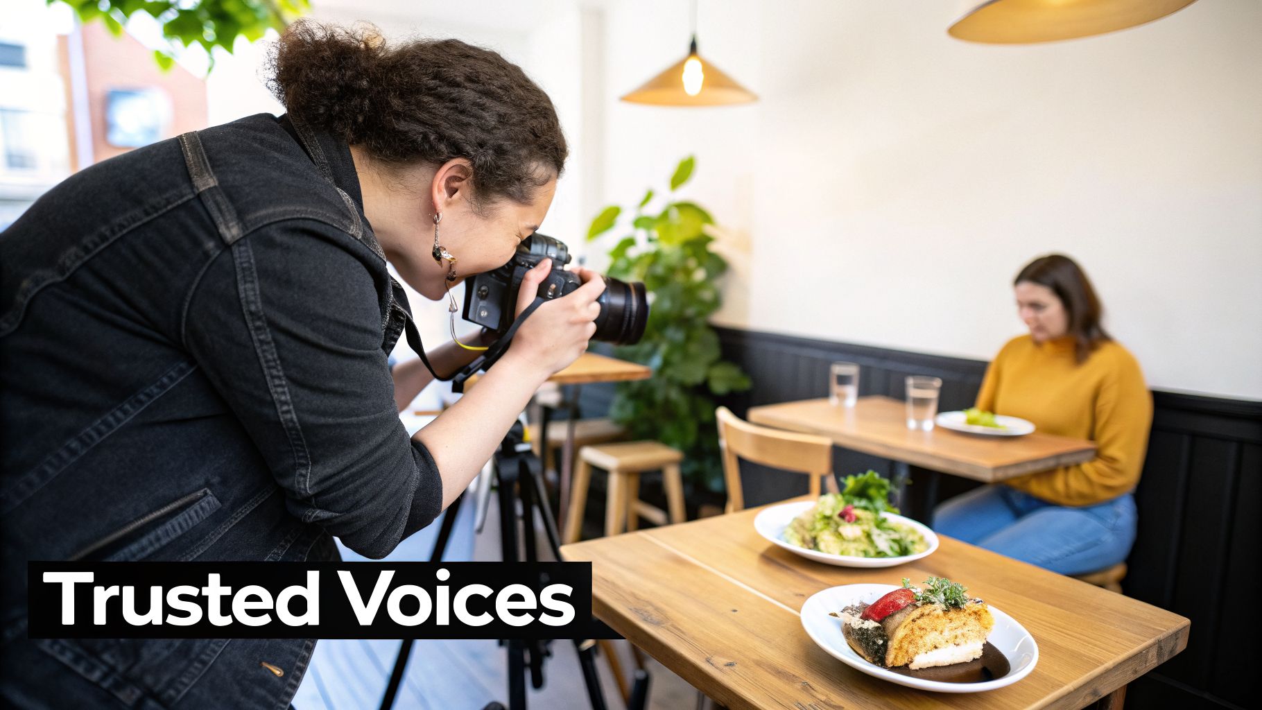 A female food photographer in a black denim jacket shoots gourmet dishes on a wooden table in a restaurant.