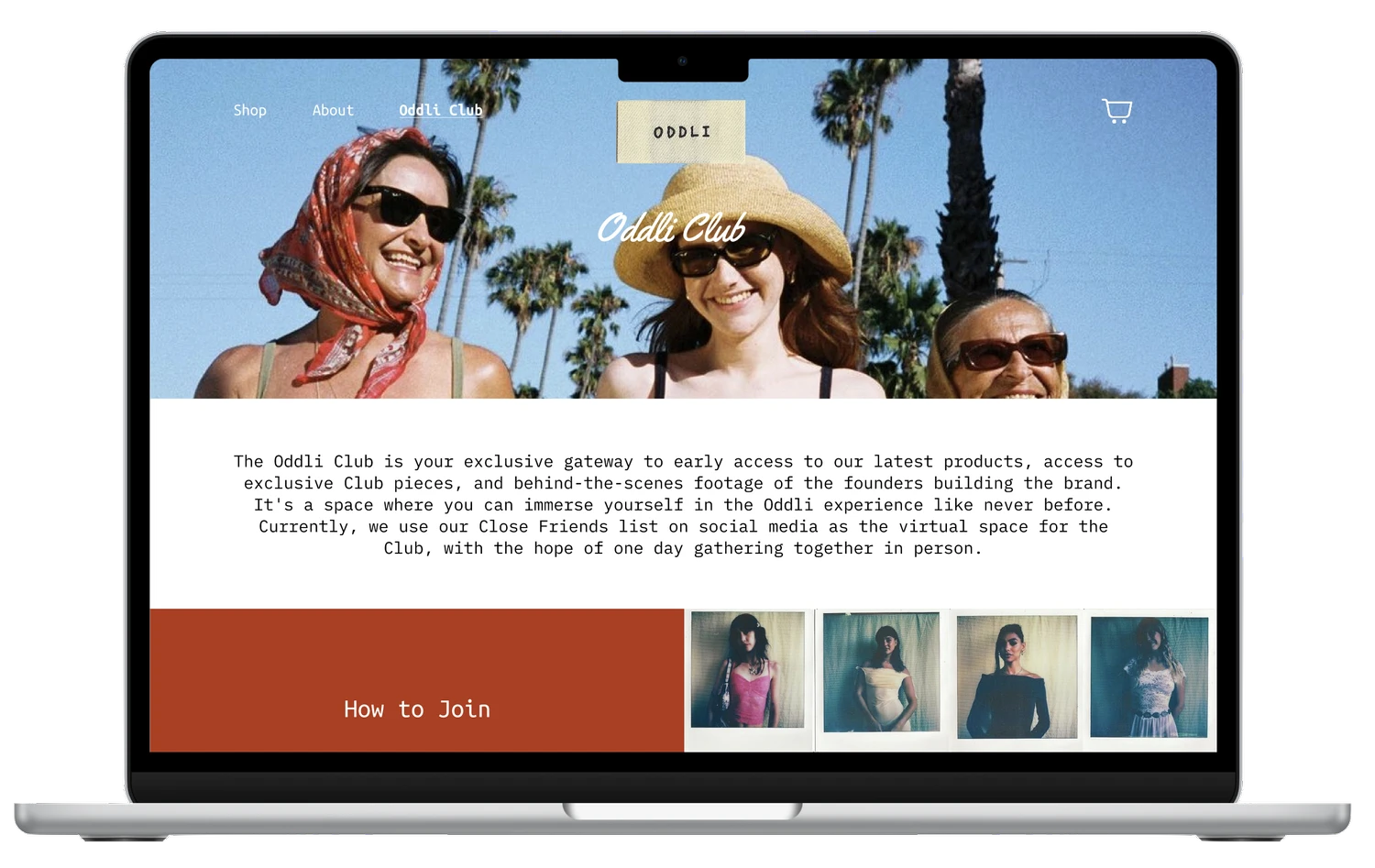 Redesigned Oddli Club page featuring hero image of three people by palm trees, brand story, and 'How to Join' section