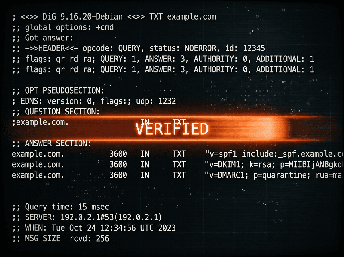 DNS query results for example.com showing TXT records with SPF, DKIM, and DMARC information, and verification status.