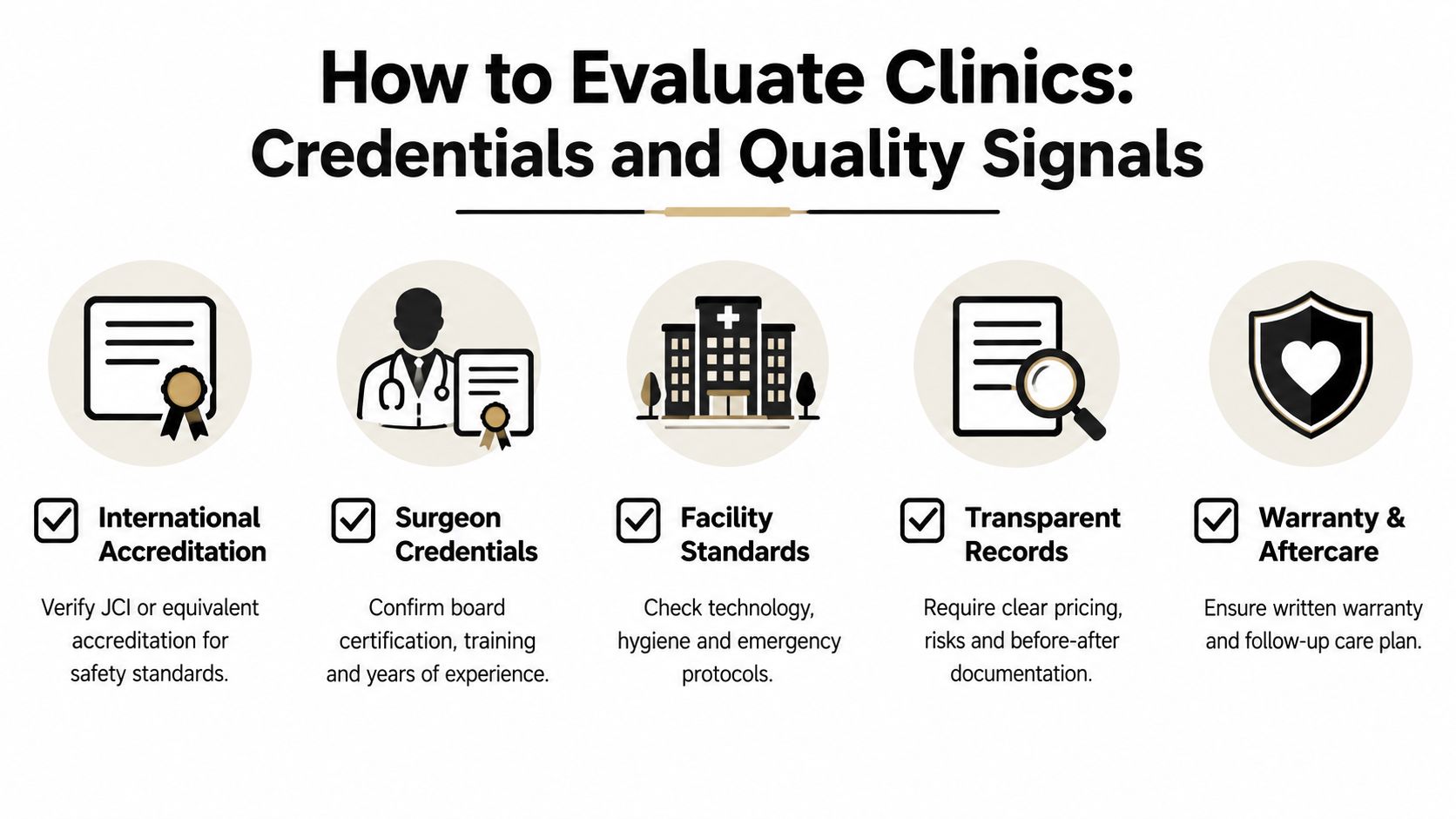 An infographic titled How to Evaluate Clinics outlining five key credentials for assessing medical tourism providers.