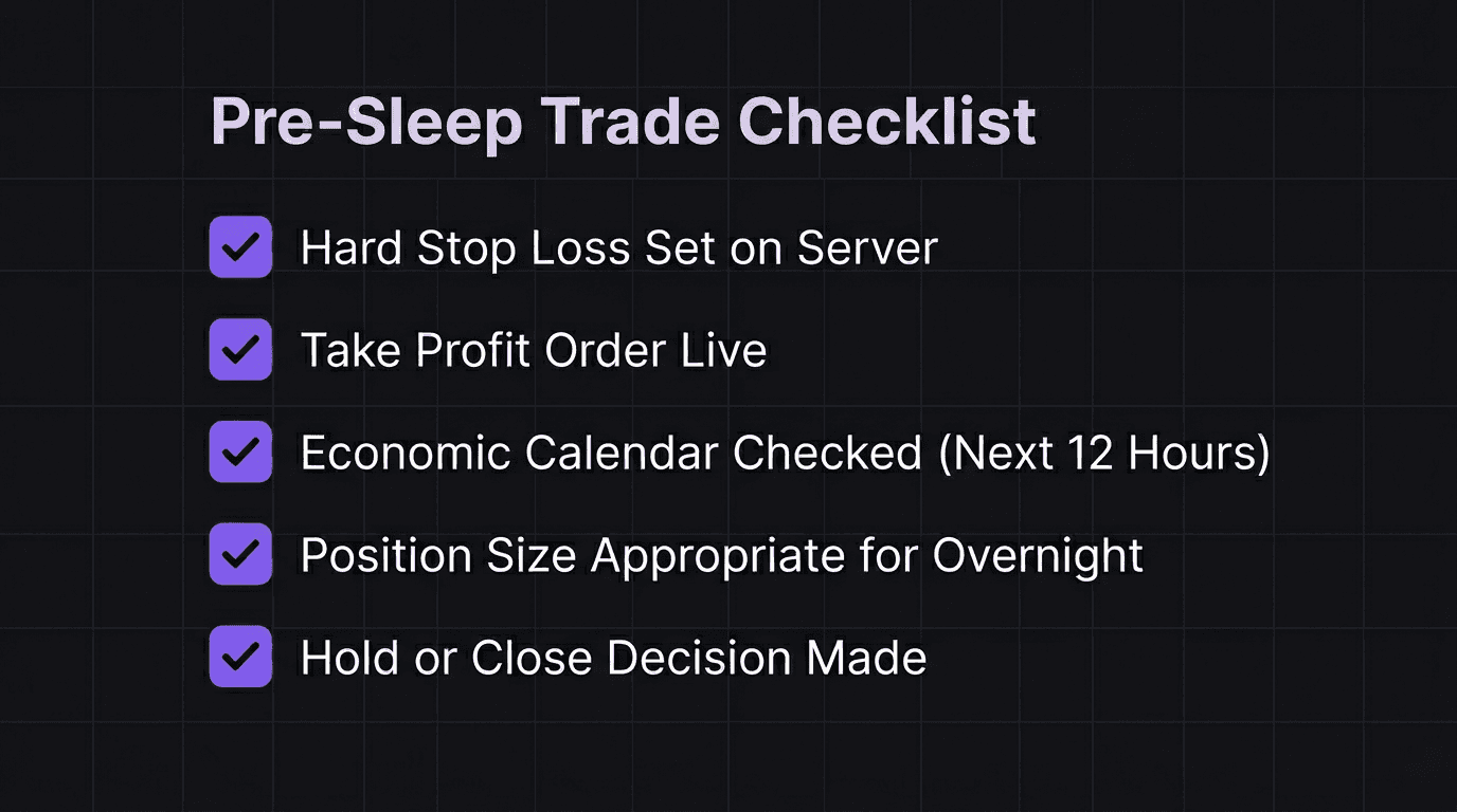 Pre-sleep trade checklist for overnight forex positions