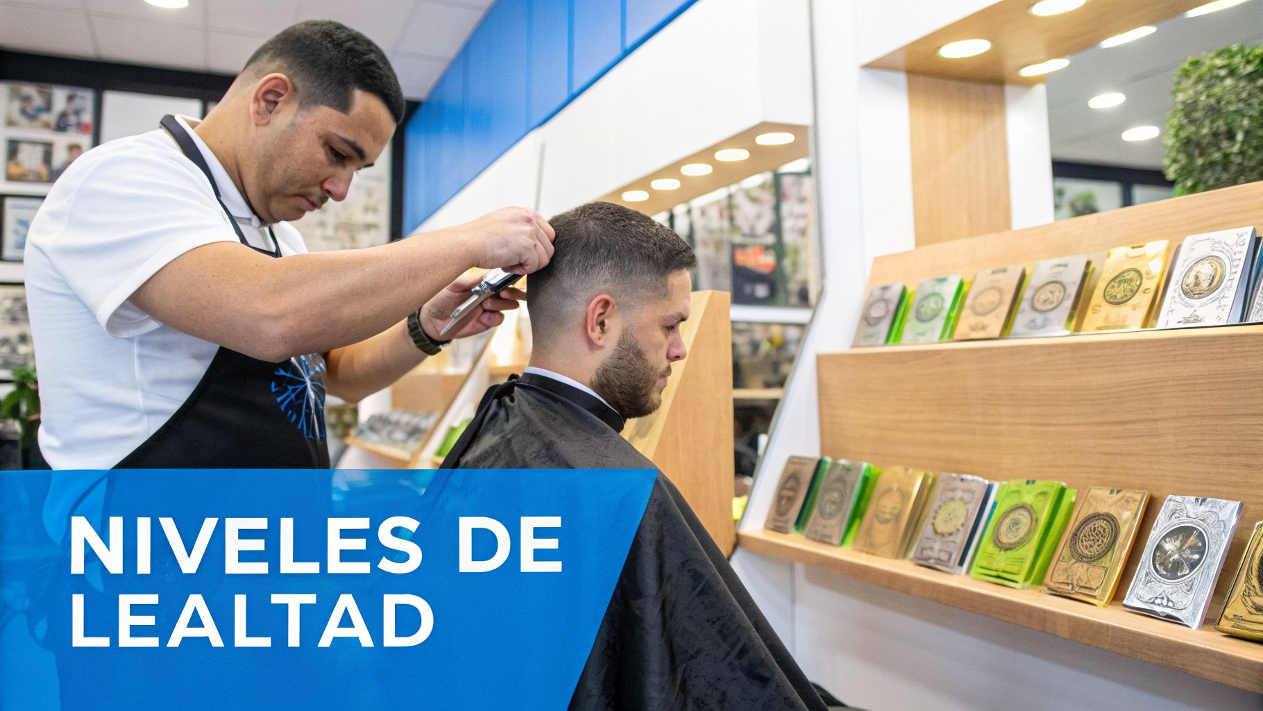 Barbero profesional cortando el pelo a un cliente en una barbería moderna, con estanterías de productos y texto: Niveles de Lealtad.