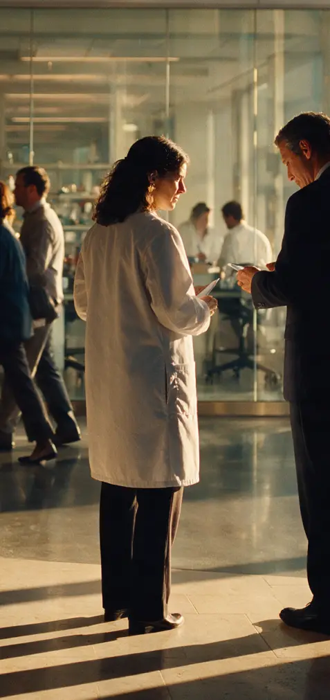 Scientist in a lab coat talking with an executive in a bright laboratory