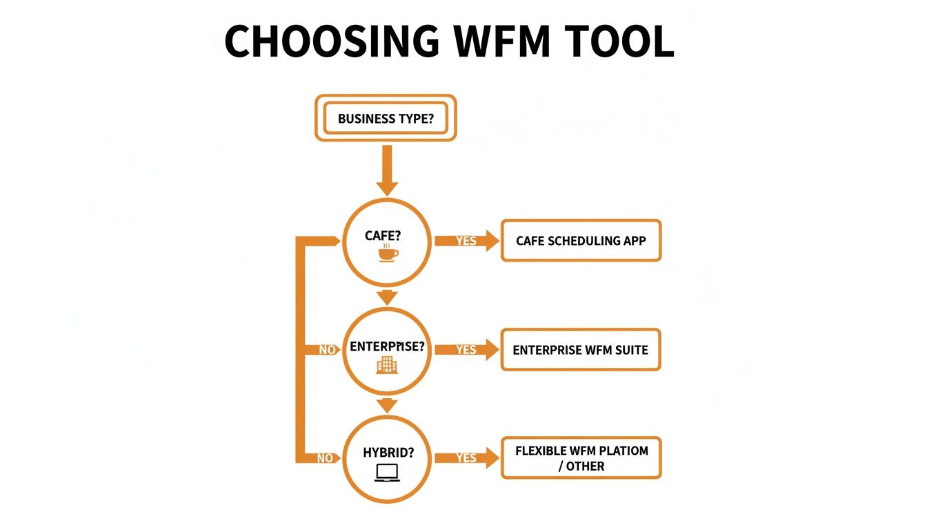 Flowchart illustrating how to choose the right Workforce Management (WFM) tool based on business type.