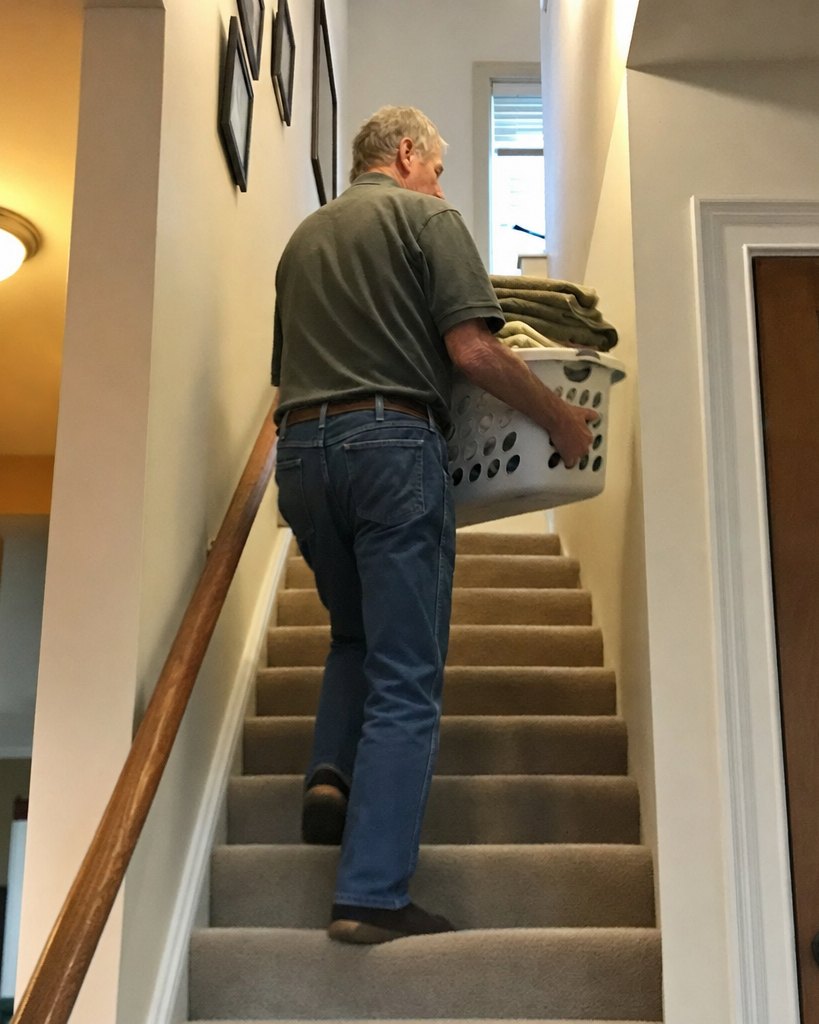 A man around seventy halfway up his carpeted stairs carrying a full laundry basket, moving easily, seen from the bottom of the stairs.