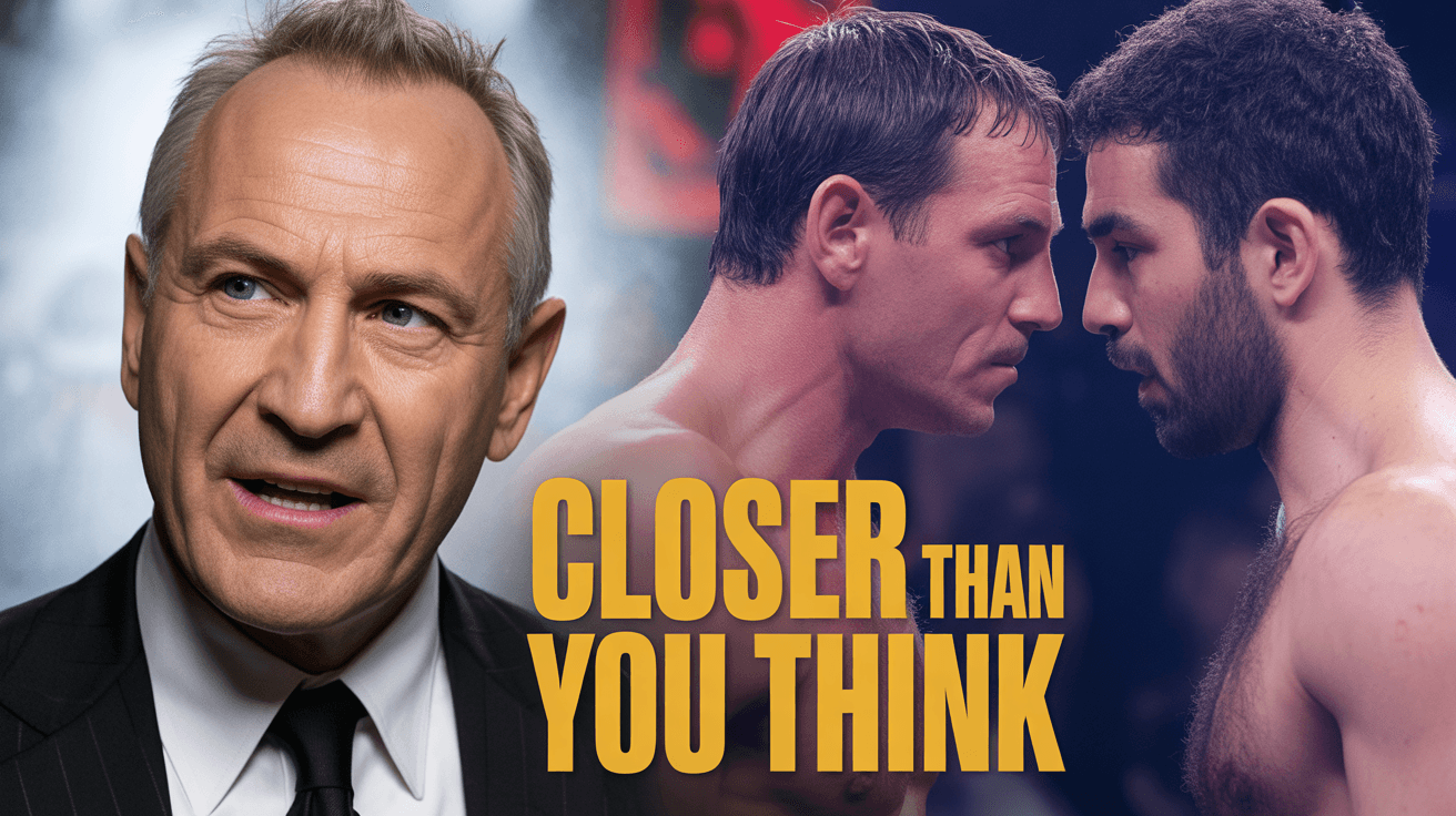 Close-up boxing commentator beside Buatsi and Parker with Closer Than You Think text