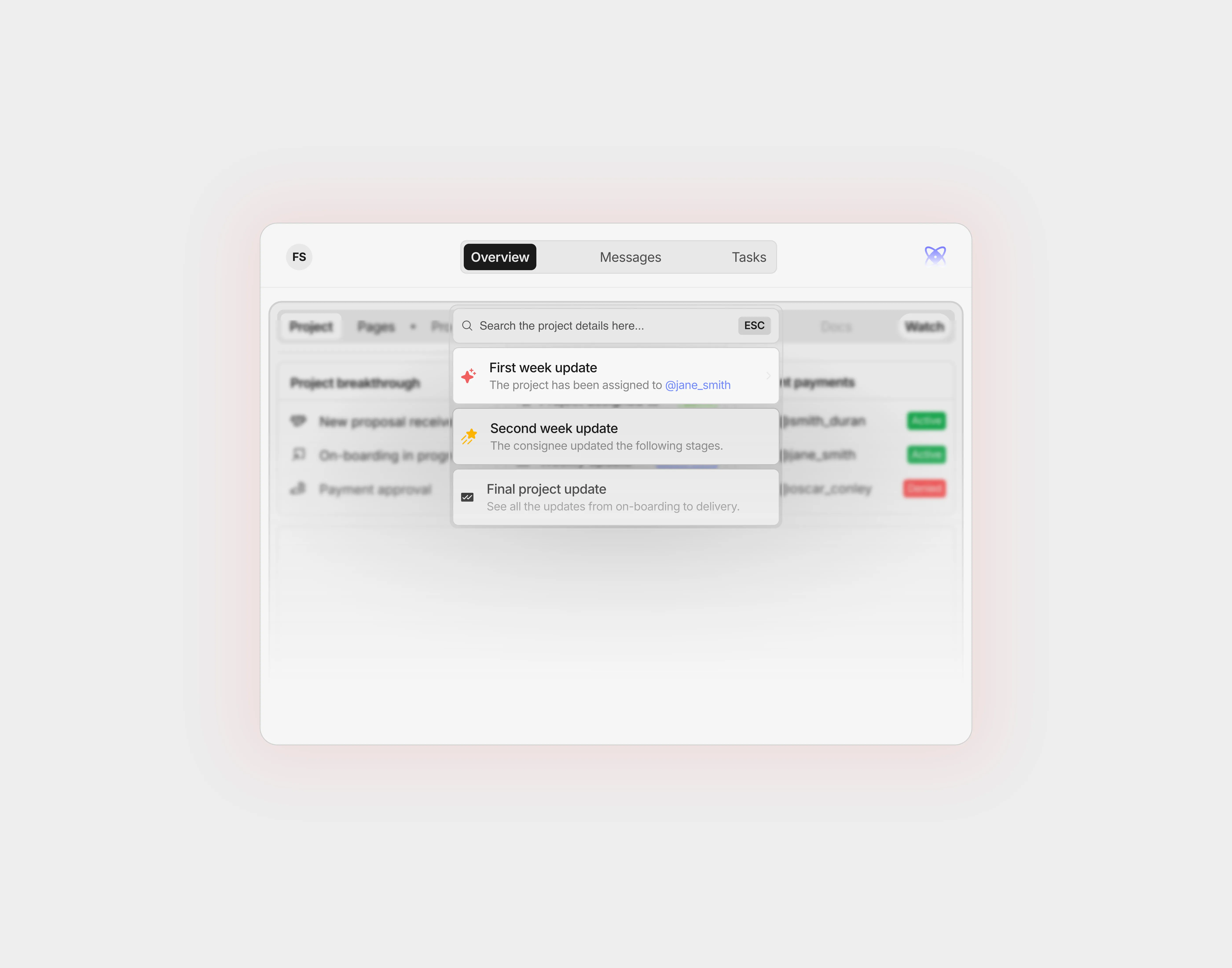 A light themed dashboard with a dialogue box having a blurred background for tablet screens.