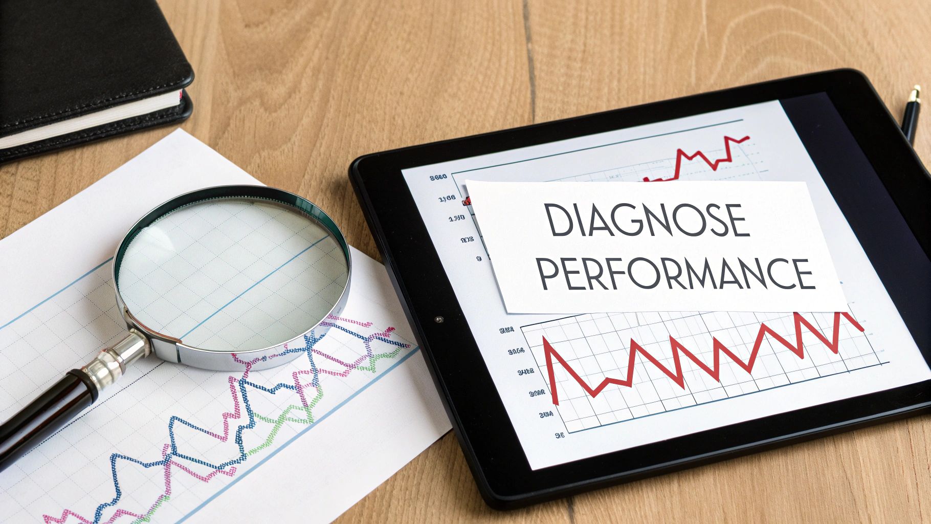 A tablet displays performance charts with a note 'DIAGNOSE PERFORMANCE', next to a magnifying glass and graphs.