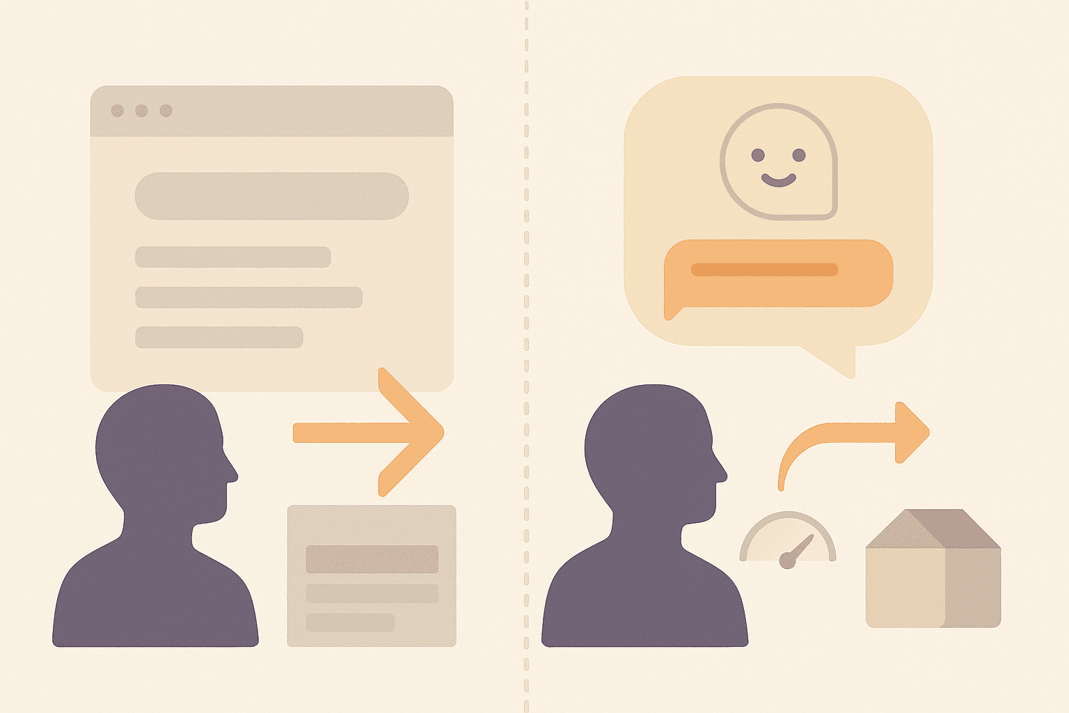 Illustration contrasting traditional SERP click funnel with AI chatbot answer flow