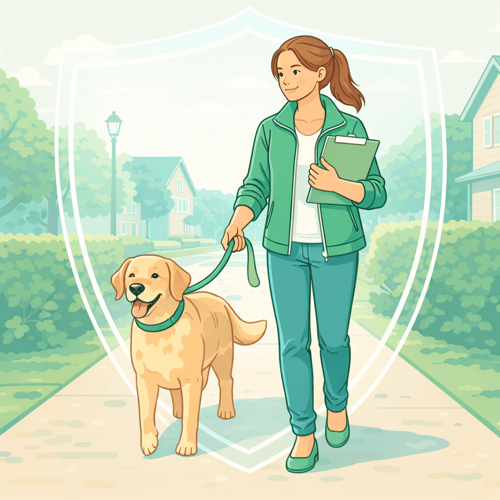 A pet sitter confidently walking a dog while holding a clipboard, subtle transparent shield overlay effect around them, clean outdoor neighborhood setting, soft daylight, realistic style with light conceptual elements, conveys protection and professionalism