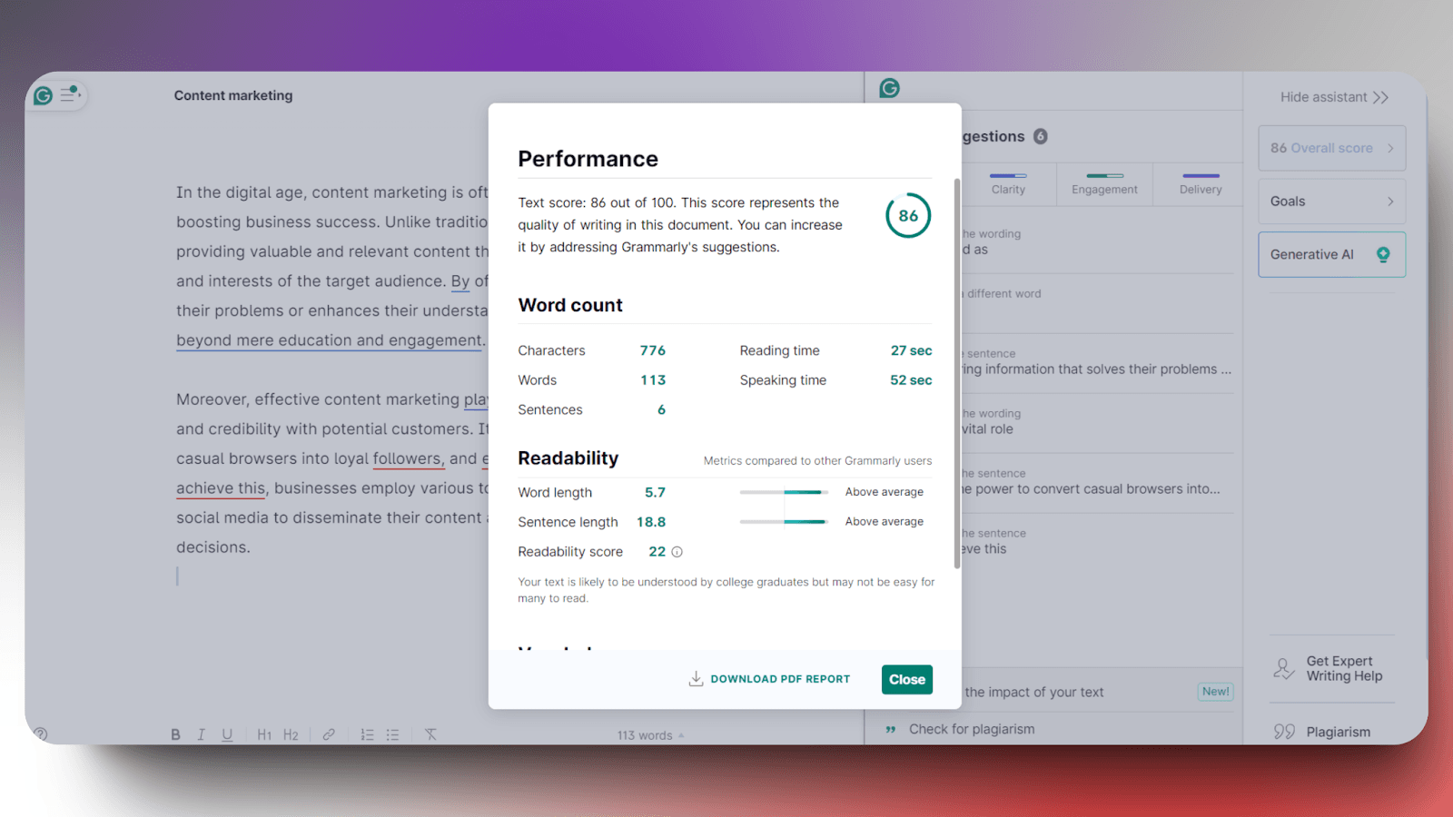 Copy.ai  - content score