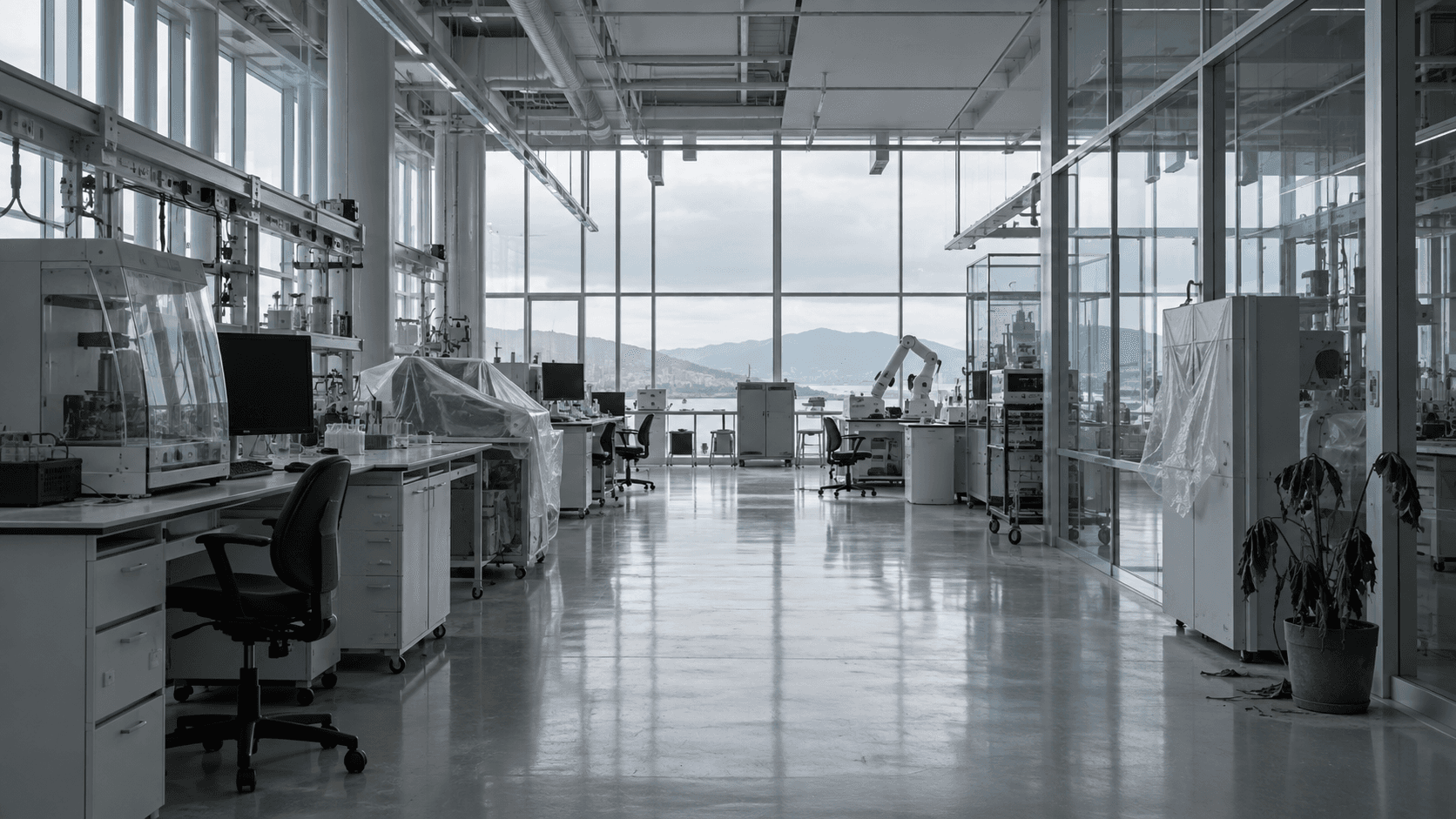 An advanced research laboratory stands quiet, with a living plant withering at its edge.