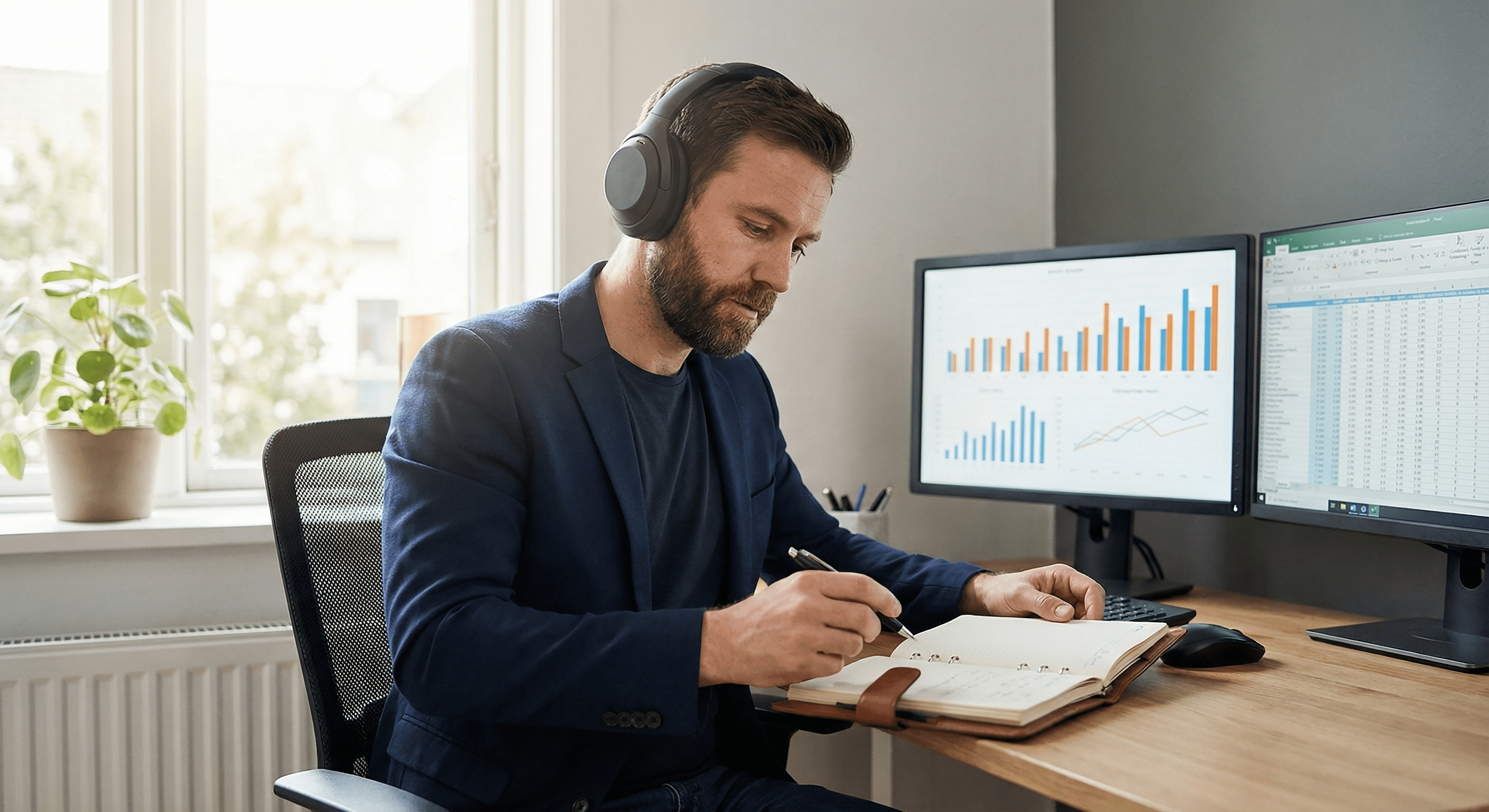 Professional listening to marketing podcasts while analyzing data.