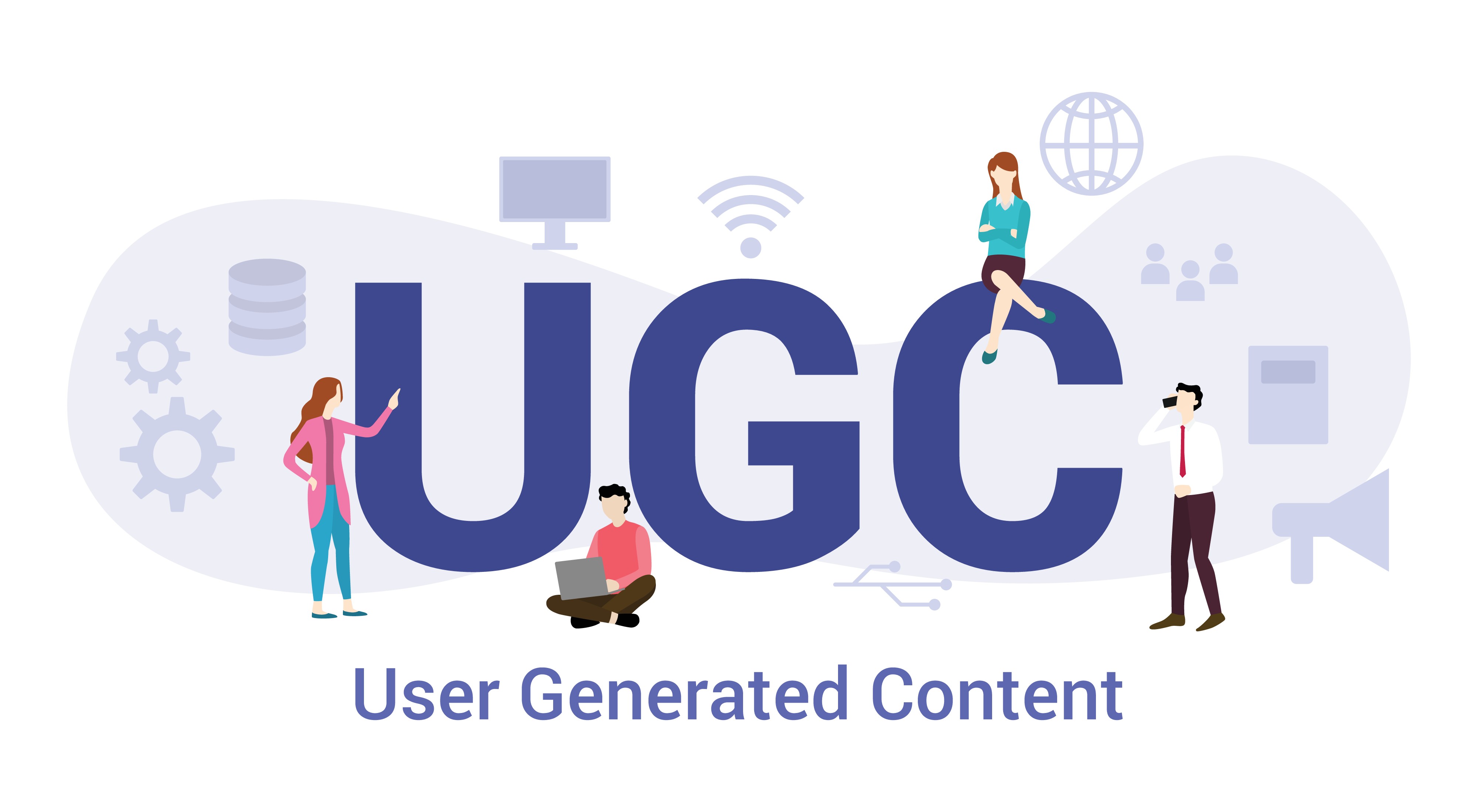 Illustration of people surrounding large UGC text with digital icons, representing user-generated content strategy for influencer and creator marketing