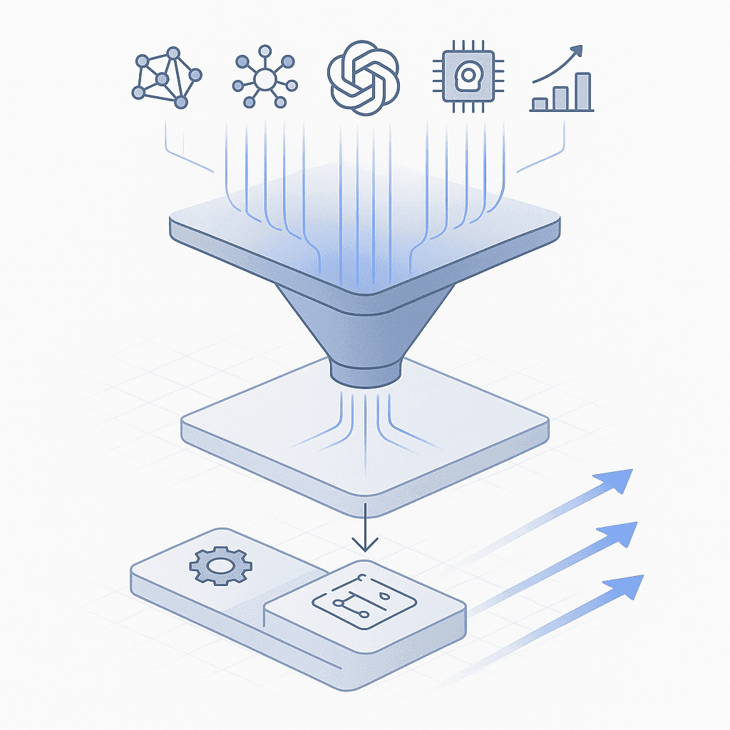 Layered diagram of AI engines flowing into analytics funnel and outputting automated actions