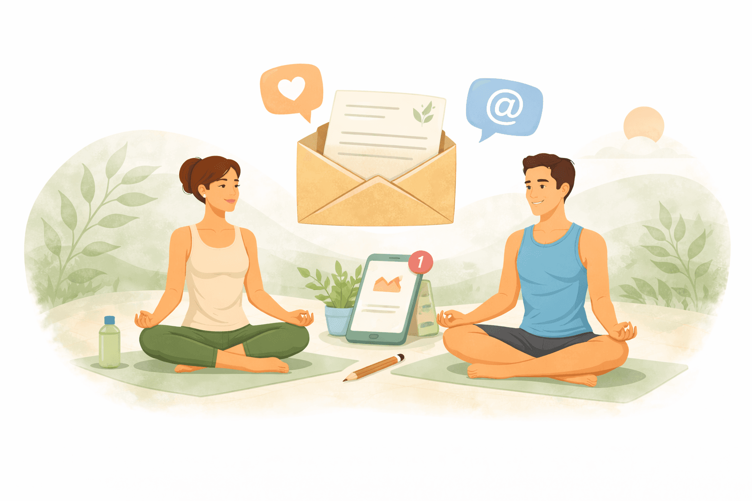 A woman practicing yoga in Tree Pose on a mat, with a serene expression and gentle swirling lines around her.