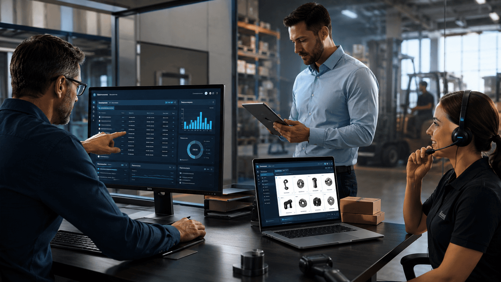Imagem em estilo realista 3D mostrando uma operação B2B moderna dentro de um centro logístico. Em primeiro plano, um profissional analisa dashboards avançados em um monitor com gráficos, tabelas e integração de dados. Ao lado, outro colaborador utiliza um tablet conectado ao sistema, enquanto uma atendente usa headset realizando suporte comercial. Sobre a mesa há notebook exibindo catálogo de produtos industriais. Ao fundo, prateleiras de estoque, caixas e empilhadeiras reforçam o ambiente de distribuição e atacado. A cena transmite integração com ERP, gestão comercial avançada, operação omnichannel e suporte estruturado, em formato widescreen 16:9.