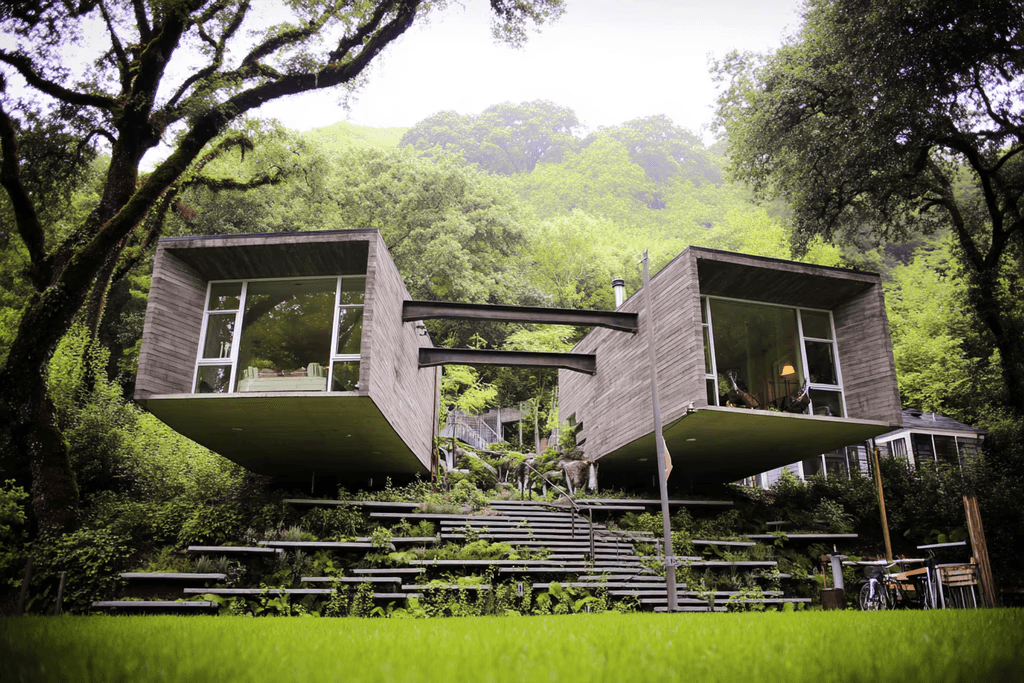 A modern, elevated house with two cantilevered sections and large glass windows, surrounded by lush greenery and shadowed by tall, leafy trees. The tone is serene and innovative.