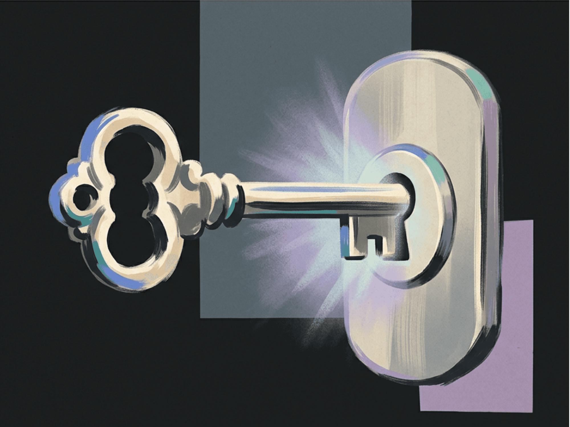 Illustration of an ornate vintage key sliding into a modern lock, with a burst of light where they meet, painted in a mid-century style with cream, charcoal, blue, teal, and lavender tones.