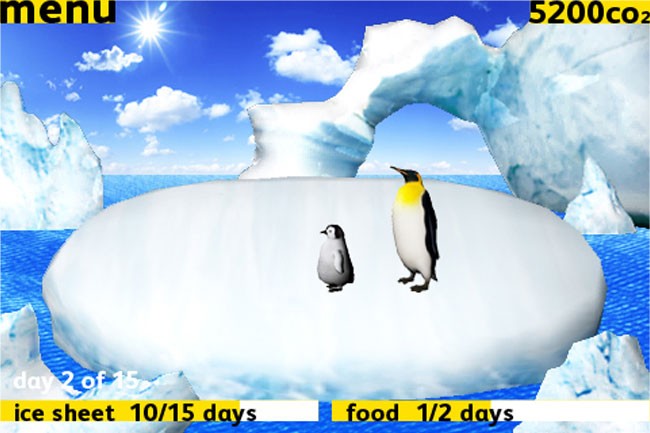 Two penguins stand on an ice floe in a blue ocean under a bright sun. The ice floe is surrounded by icebergs. A menu at the top displays “5200 co2”, “day 2 of 15”, “ice sheet 10/15 days”, and “food 1/2 days”. The penguins are black and white with a yellow beak and feet.
