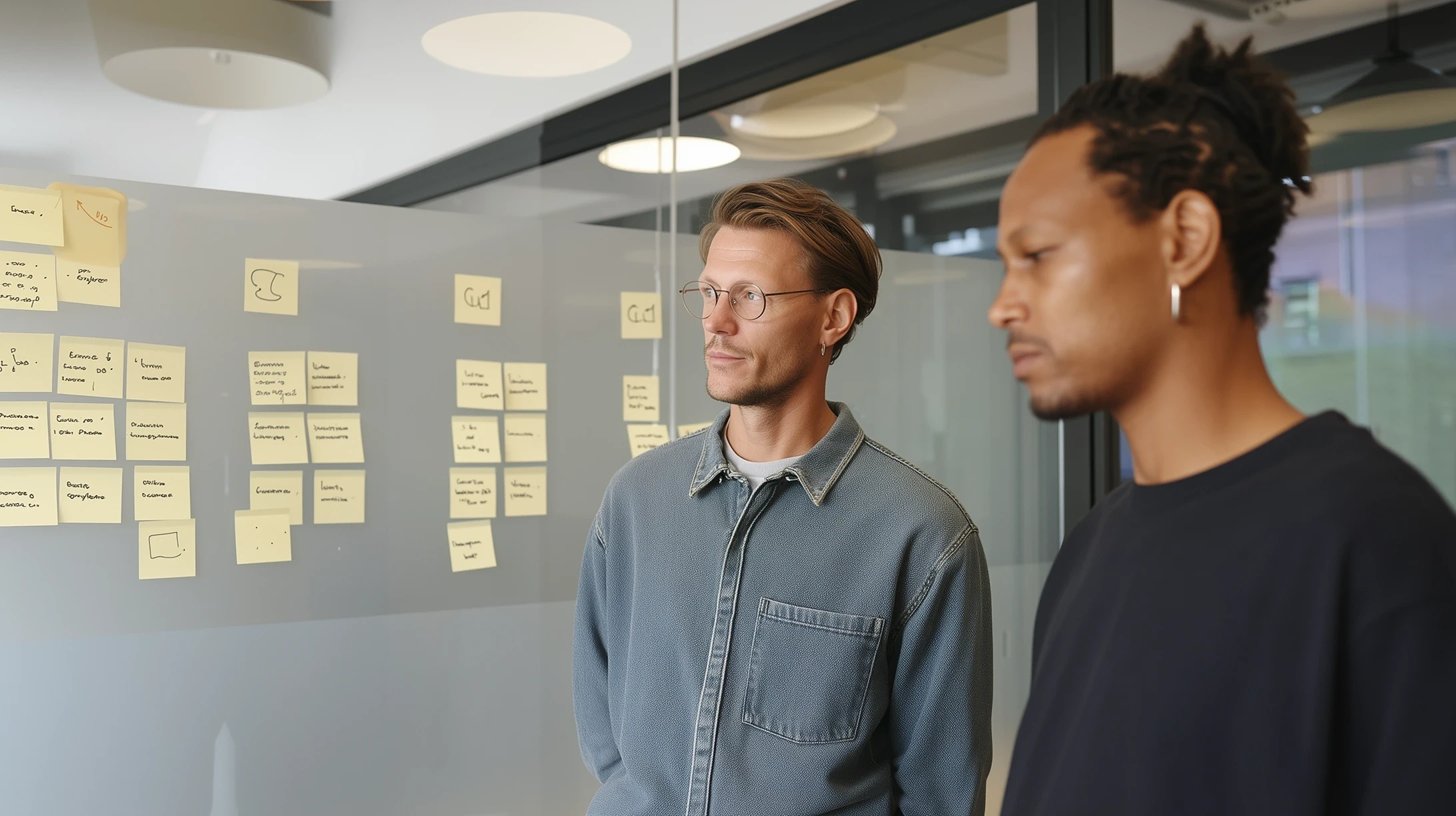 Two male professionals collaborating during brainstorming session