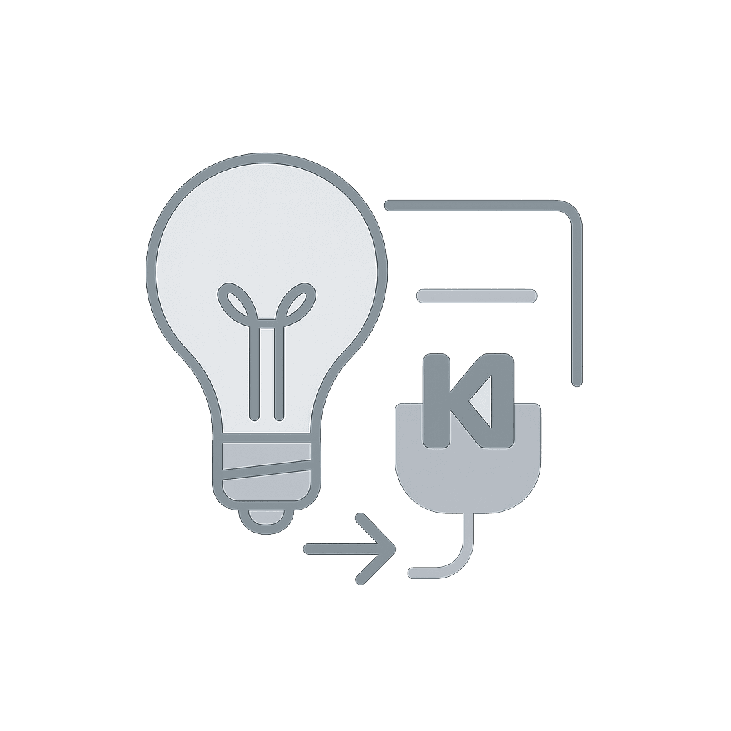 Graustufen-Symbol mit Glühbirne, Stecker mit „KI“-Aufschrift und Dokument-Elementen – Visualisierung von Ideen, Vorlagen und praxisnahen KI-Anwendungen.