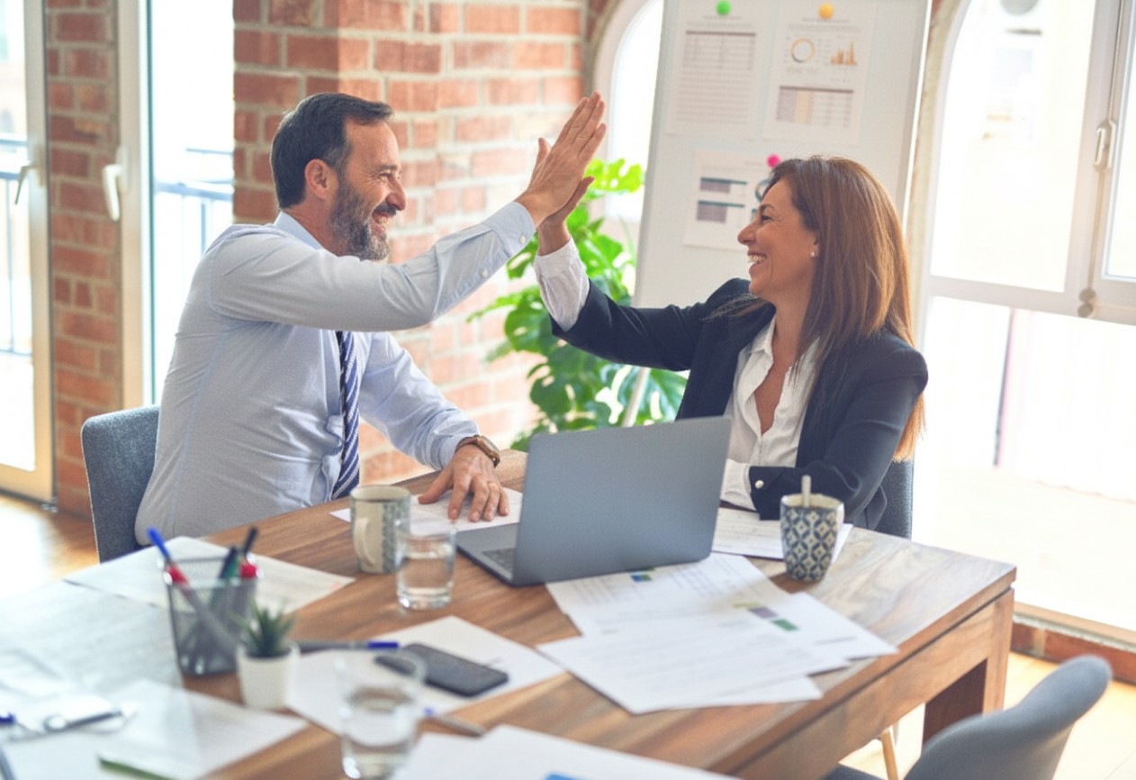 A small business handshake symbolizes customer engagement with affordable business phone systems, AI virtual receptionist, projects, and communications.