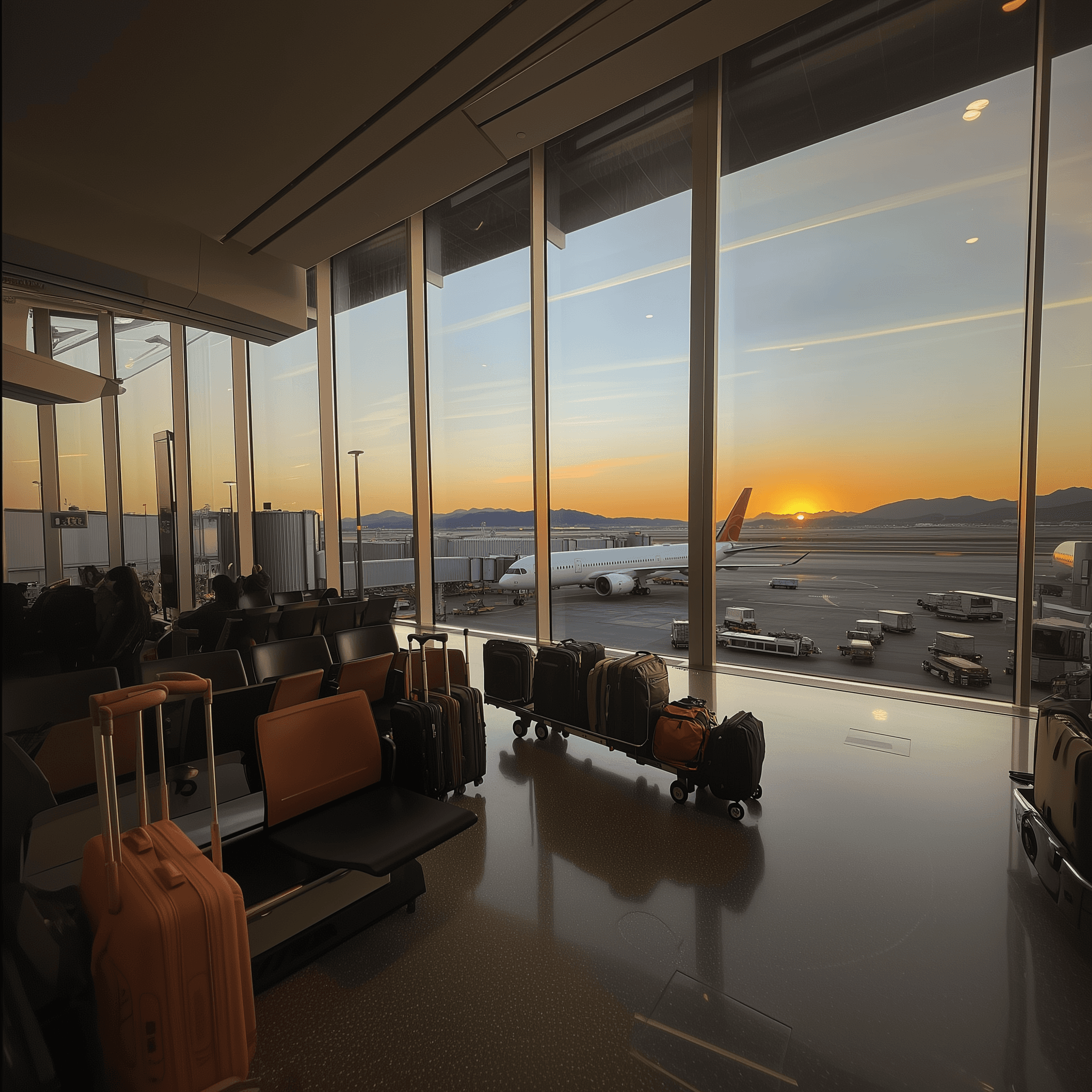 A photo of an airport lounge with a view of the plane at sunset, a luggage cart is filled with suitcases and backpacks. Outside, viewed from the right side., taken from inside the terminal. The image was shot on an iPhone Pro Max.