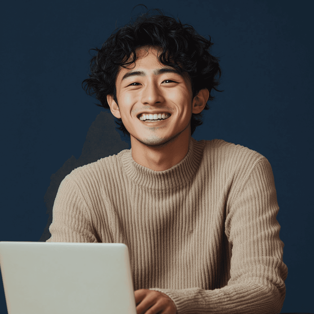 A smiling person with curly hair sits at a desk, looking at a laptop against a dark background.