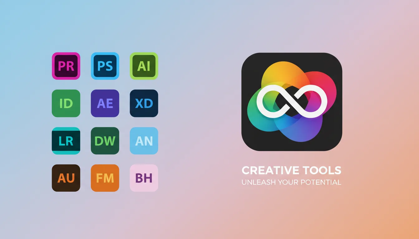 Graphic design composition inspired by Adobe Creative Cloud, 3D render with soft global illumination. A vibrant, soft-focus mesh gradient background transitions from pastel blue to pink and orange. On the left, a 4x3 grid of dark, colorful squircle application icons with rounded corners, including the Adobe Premiere Pro icon; the icons feature bold, two-letter placeholder text. On the right, a larger, prominent squircle Adobe Creative Cloud icon with a bright rainbow gradient and a white infinity loop symbol sits above two lines of simple, white, sans-serif placeholder text. Clean, modern, minimalist aesthetic, studio backdrop.