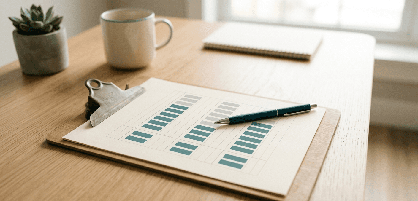 Clipboard with a printed scorecard and bar chart ratings on a desk with a pen