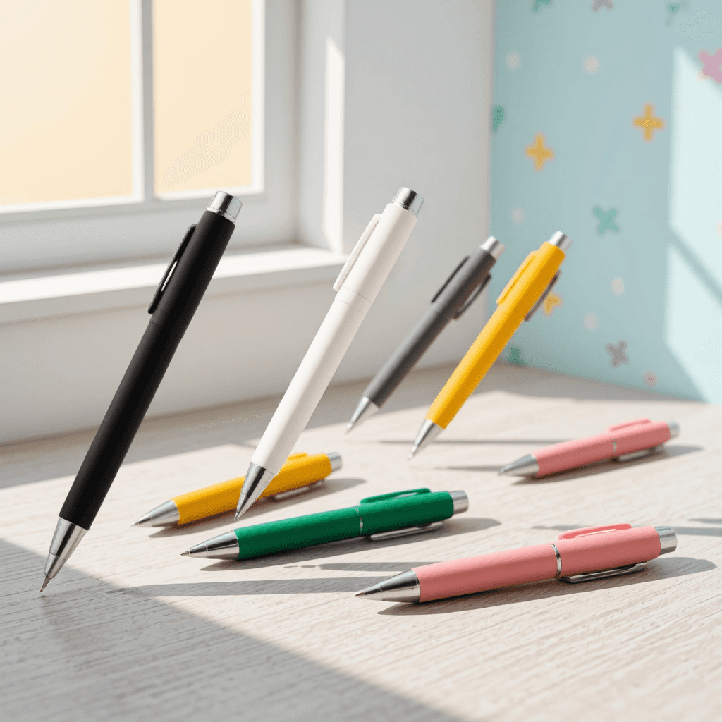 product photography of set of colored pens with replaceable tips